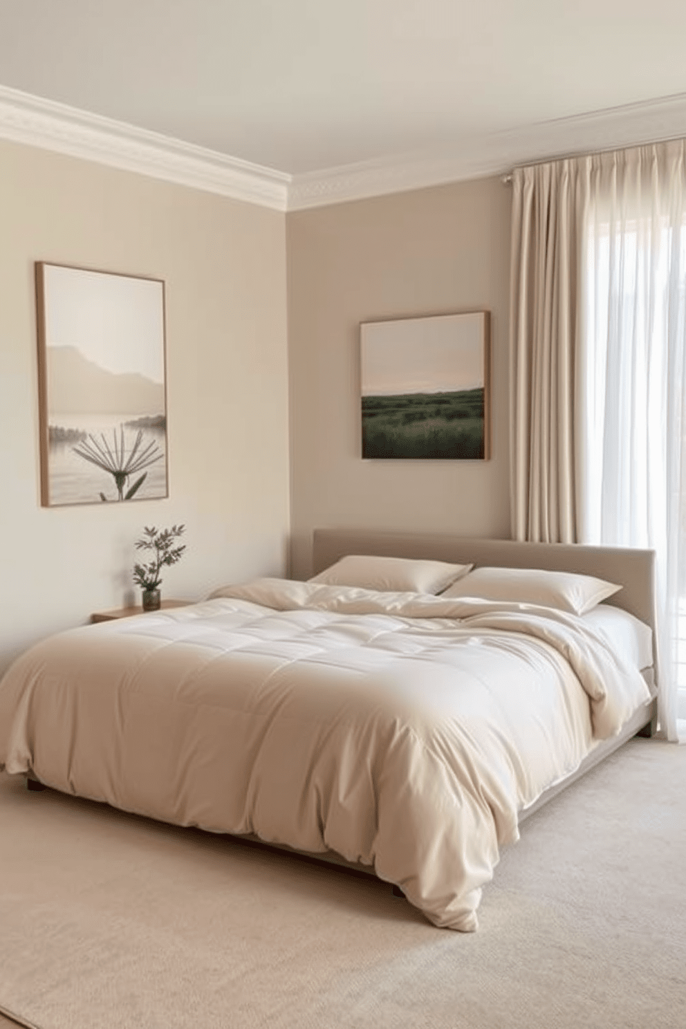 A serene bedroom space designed for tranquility. The walls are adorned with calming artwork that features soft colors and nature themes. A low-profile bed with a plush, neutral-toned duvet takes center stage. Natural light filters in through sheer curtains, creating a warm and inviting atmosphere.