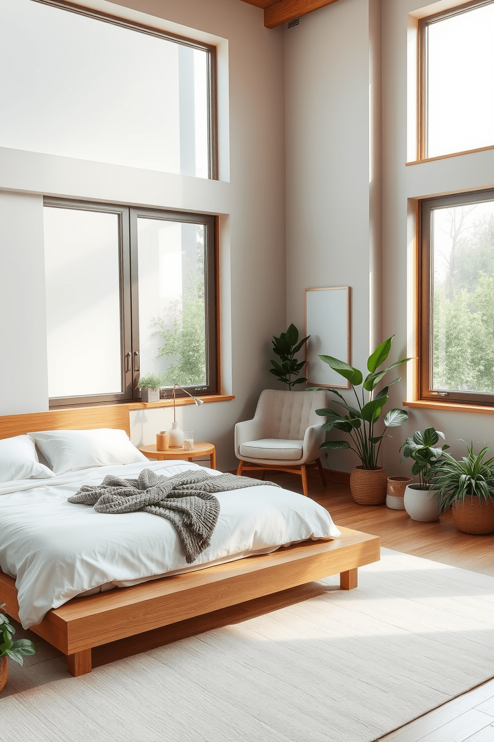 A serene bedroom retreat featuring a low platform bed dressed in soft white linens and surrounded by natural wood accents. Large windows allow soft natural light to filter in, highlighting the minimalist decor and a calming color palette of light grays and earthy tones. In one corner, a cozy reading nook is created with a plush armchair and a small side table, inviting relaxation. Potted plants are strategically placed throughout the room, enhancing the tranquil atmosphere and connecting the space with nature.