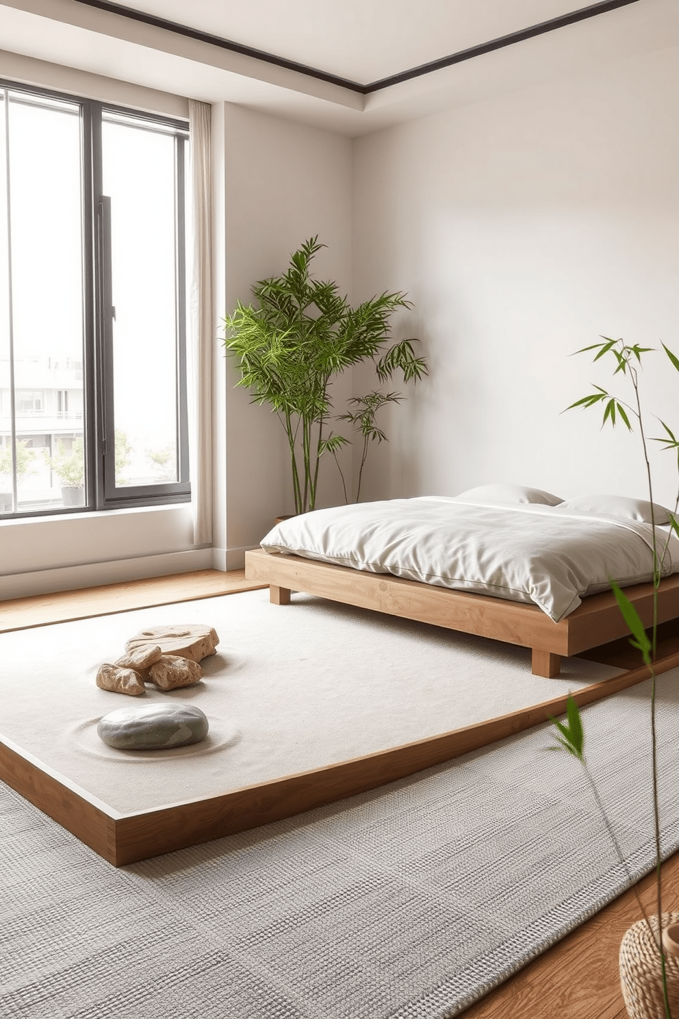 A serene bedroom setting that incorporates a Zen garden feature. The room features a low platform bed with soft, neutral bedding and a large window that brings in natural light. Adjacent to the bed, a small Zen garden with smooth stones and raked sand creates a calming focal point. Bamboo plants are placed in the corners, enhancing the tranquil atmosphere and promoting relaxation.