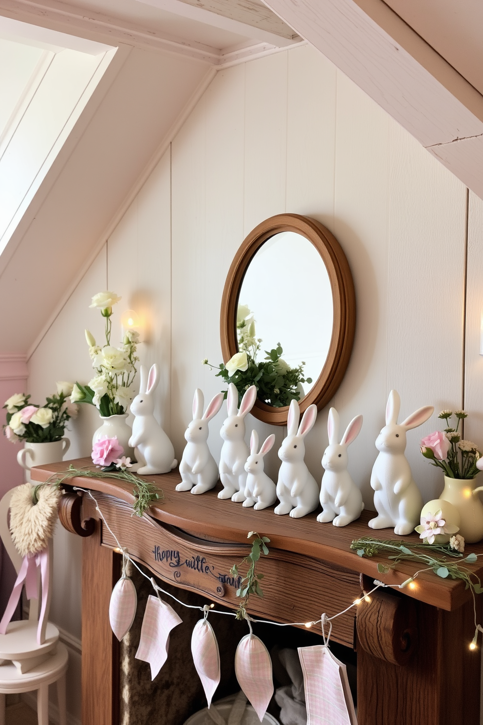 A charming attic space adorned with vintage bunny figurines displayed on a rustic wooden mantelpiece. Soft pastel colors fill the room, with floral decorations and delicate fairy lights creating a whimsical Easter atmosphere.