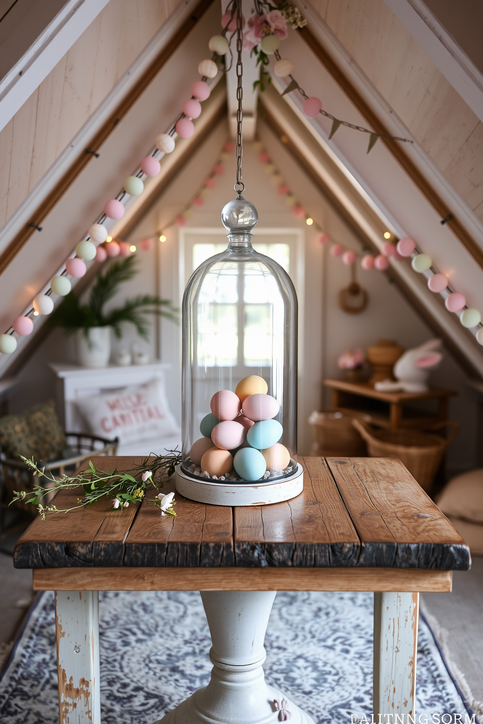 A charming attic space decorated for Easter. A glass cloche showcases a collection of colorful eggs on a rustic wooden table, surrounded by pastel-colored garlands and soft lighting.