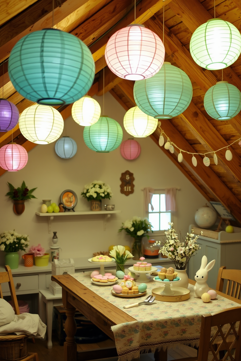 A cozy attic space adorned with hanging paper lanterns in pastel colors creates a whimsical atmosphere. The soft glow of the lanterns illuminates the room, enhancing the charm of the rustic wooden beams and vintage decor. Easter decorations are tastefully arranged throughout the attic, featuring pastel-colored eggs and delicate floral arrangements. A charming wooden table is set with a festive tablecloth, showcasing an array of seasonal treats and decorative bunnies.