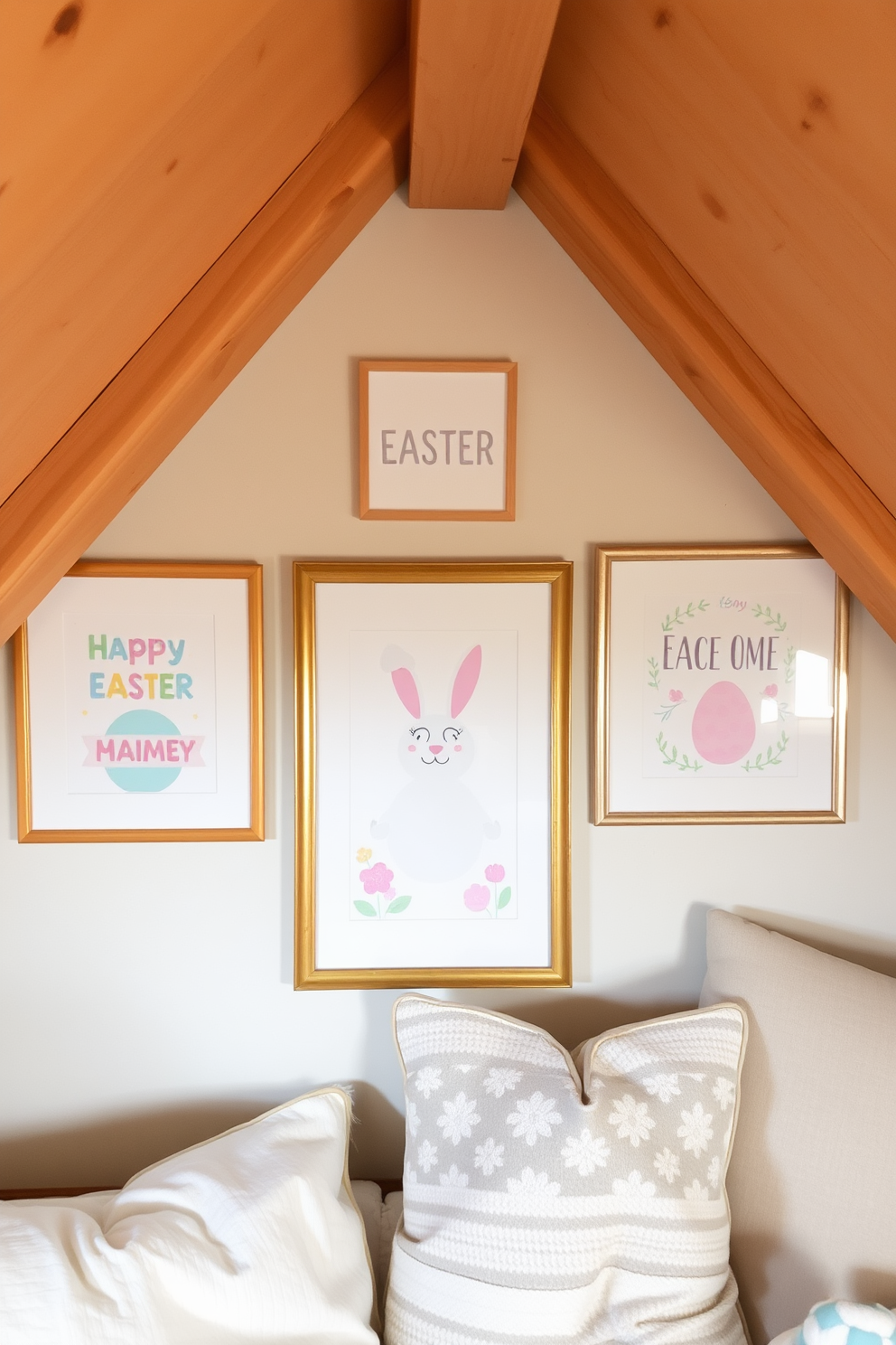 A cozy attic space adorned with Easter themed artwork framed on the wall. The artwork features pastel colors and playful designs that evoke the spirit of the holiday.