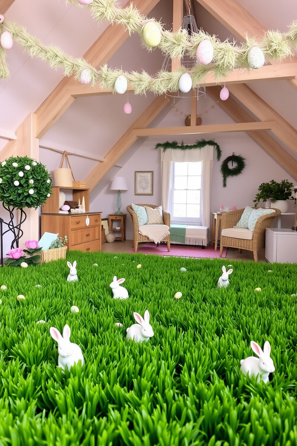 A charming miniature garden features lush faux grass that creates a vibrant green carpet. Scattered throughout the garden are adorable bunnies, adding a playful touch to the serene setting. The attic is transformed into a whimsical Easter wonderland with pastel-colored decorations. Delicate garlands and painted eggs hang from the rafters, while a cozy seating area invites guests to enjoy the festive atmosphere.