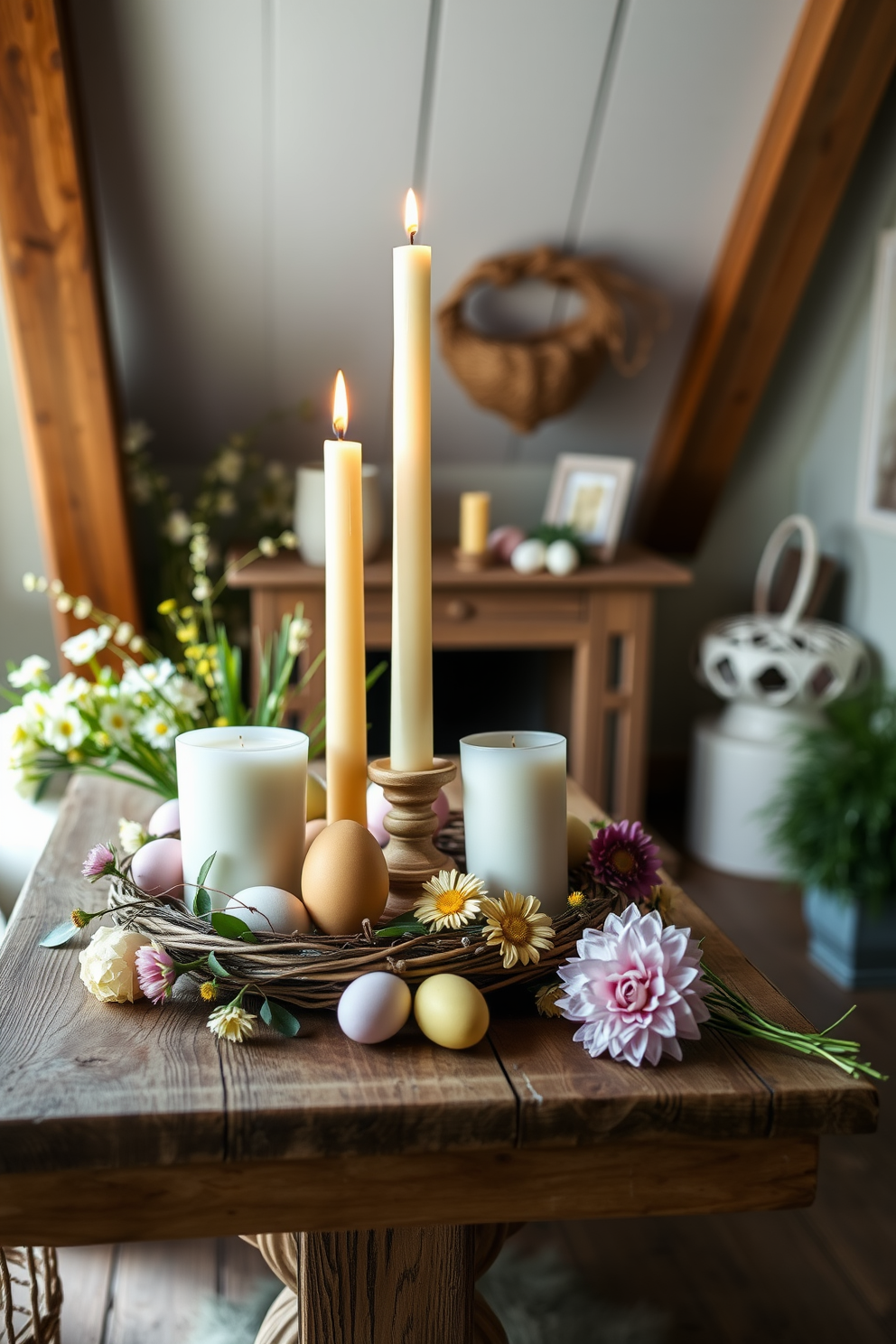 A cozy attic space decorated for Easter. Seasonal candles in soft spring colors are arranged on a rustic wooden table, surrounded by pastel-colored eggs and fresh flowers.