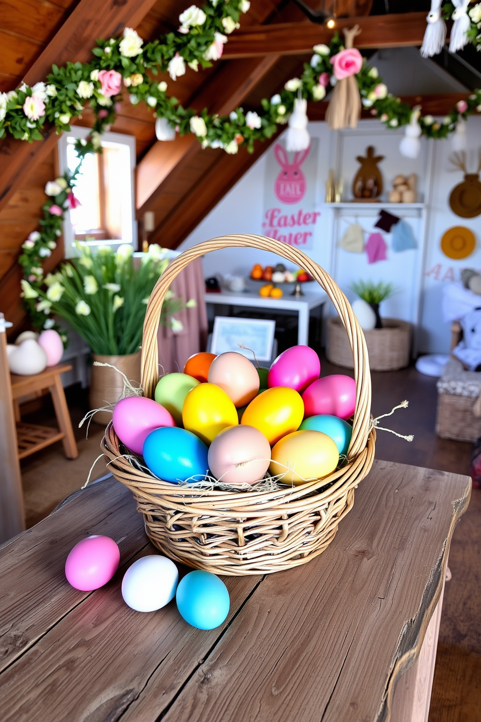 A collection of DIY painted eggs in vibrant colors is artfully arranged in a rustic wicker basket. The basket is placed on a weathered wooden table, surrounded by soft pastel decorations to evoke a cheerful Easter atmosphere. The attic is transformed into a cozy Easter haven with charming decorations that include floral garlands and handmade crafts. Soft lighting illuminates the space, highlighting the playful spirit of the season while maintaining a warm and inviting ambiance.