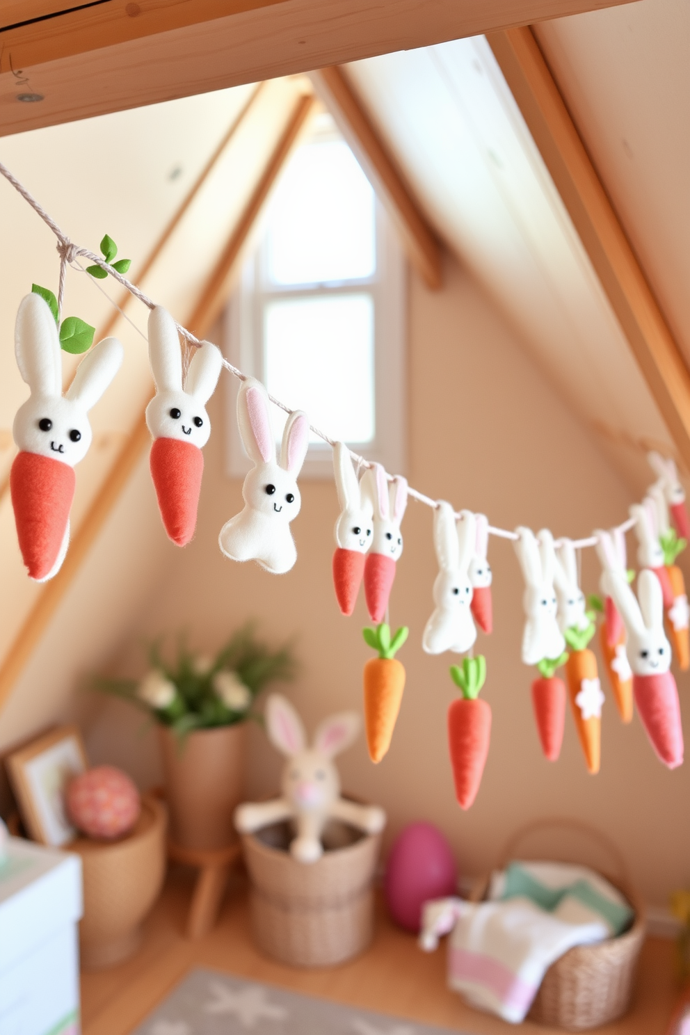 A whimsical garland of felt bunnies and carrots hangs playfully across the attic space, adding a cheerful touch to the Easter decor. The soft pastel colors of the felt create a warm and inviting atmosphere, perfect for celebrating the holiday with family and friends.