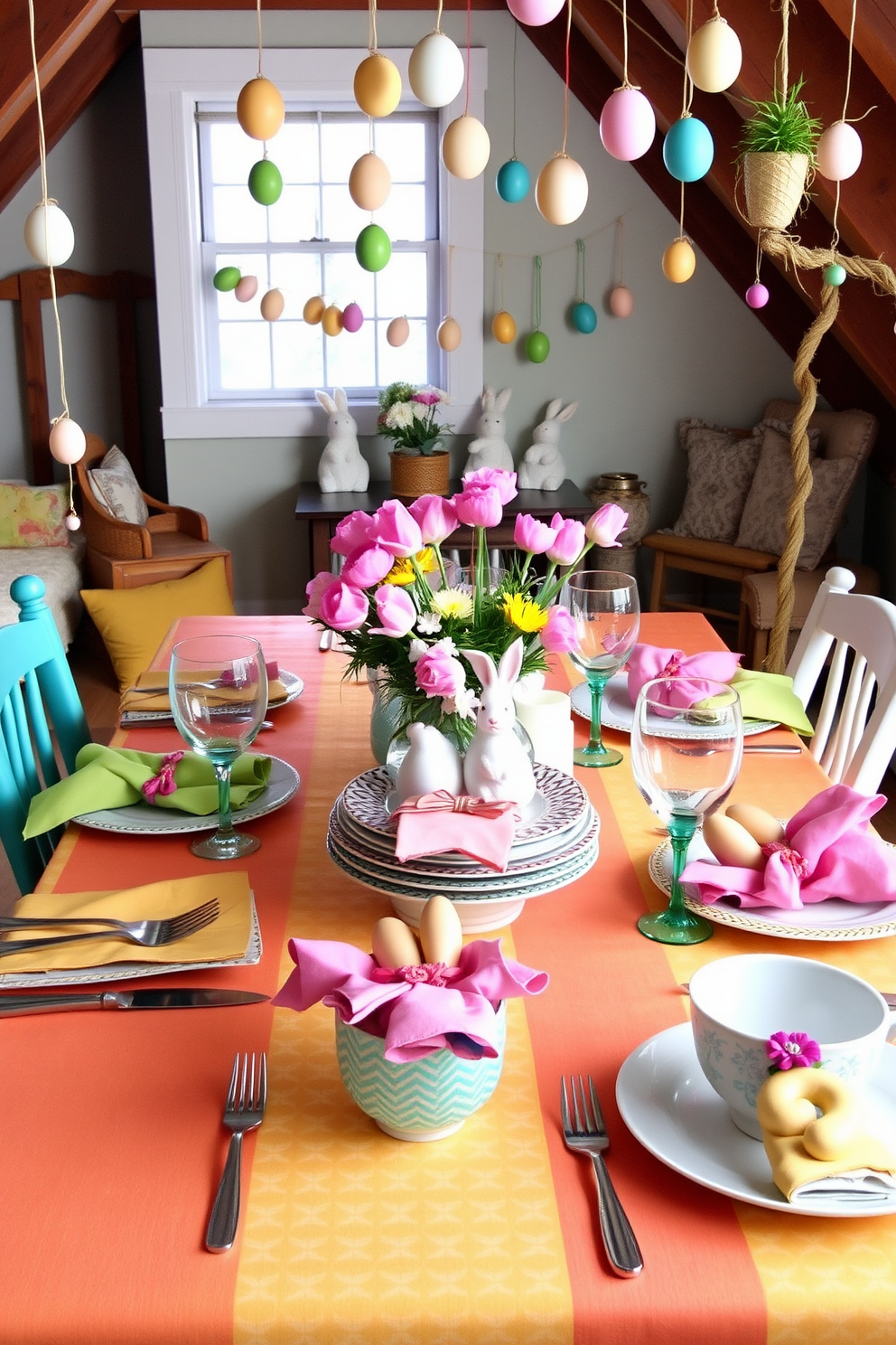 Layered table settings with cheerful colors. A vibrant tablecloth serves as the base, adorned with a mix of patterned plates and colorful napkins, creating a playful yet elegant dining experience. Attic Easter Decorating Ideas. The attic is transformed into a whimsical retreat with pastel-colored decorations, including hanging egg garlands and charming bunny figurines, evoking the spirit of spring.