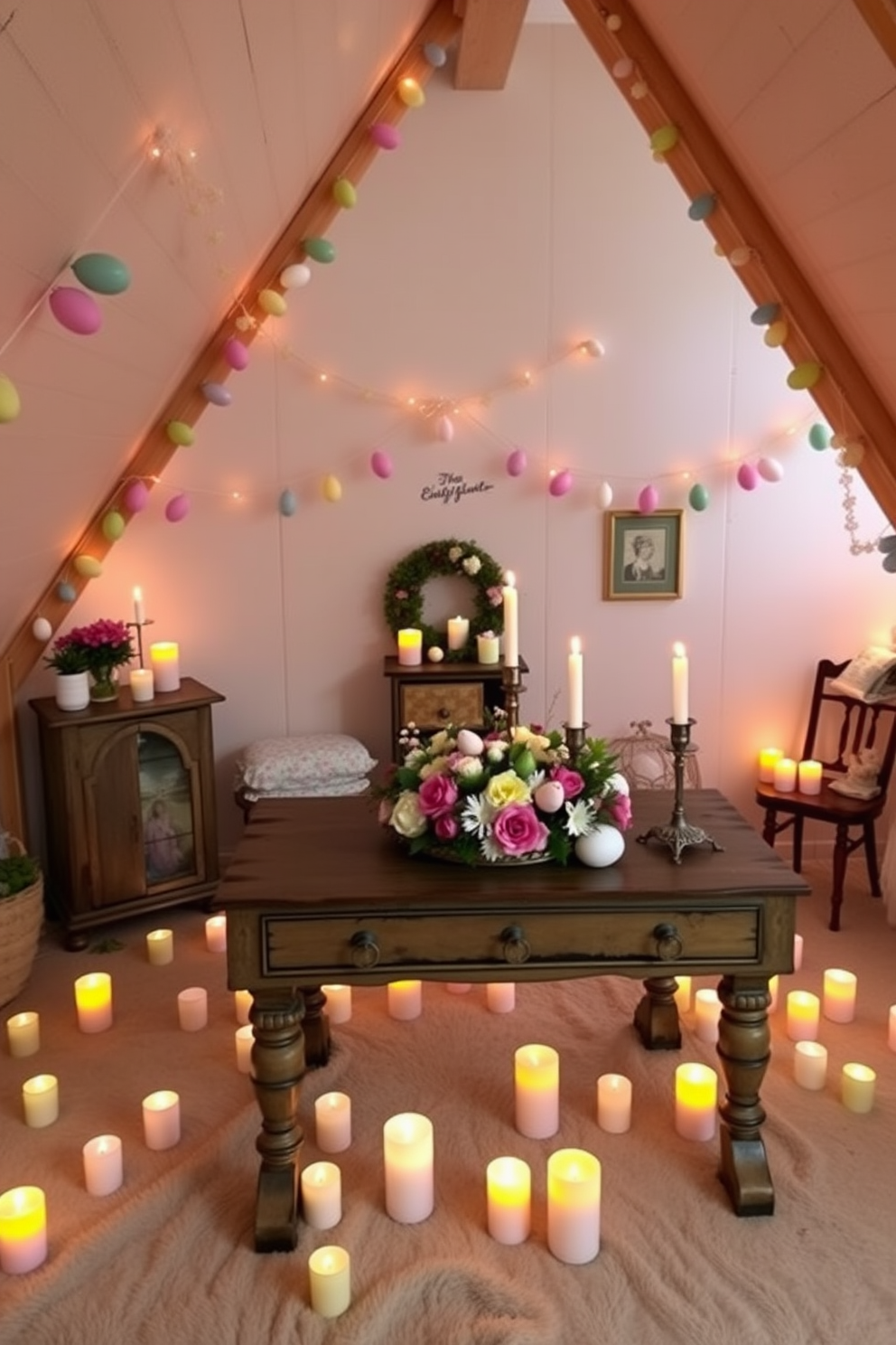 A cozy attic space decorated for Easter features colorful egg-shaped candles scattered throughout the room, casting a warm glow. The walls are adorned with pastel-colored garlands, and a vintage wooden table displays a centerpiece of fresh flowers and more decorative candles.