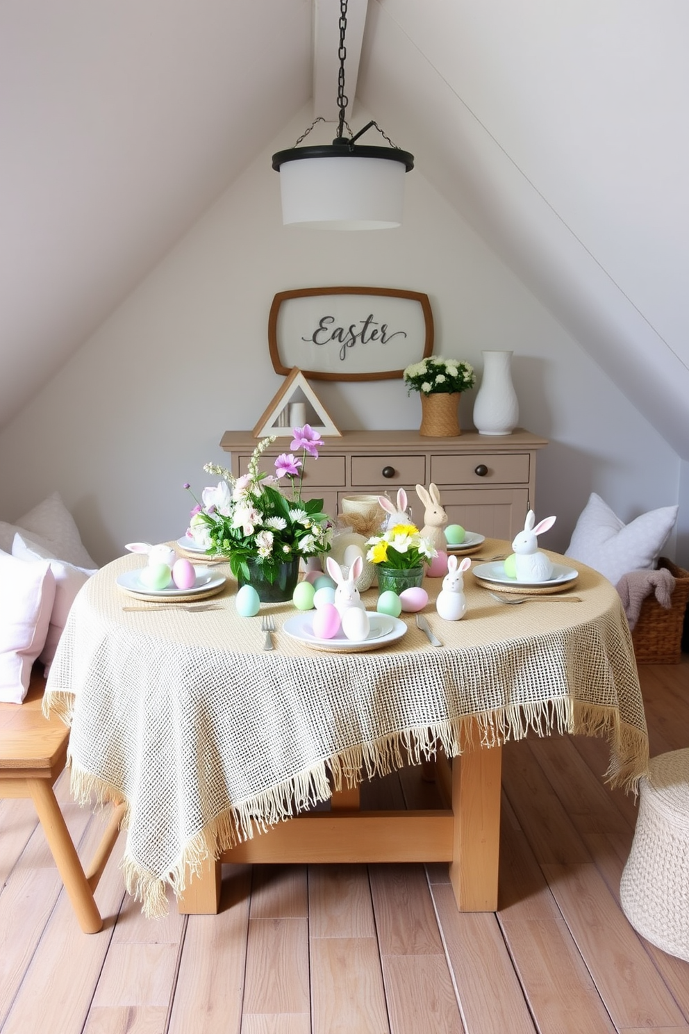 A cozy attic space adorned with a natural jute tablecloth set for an Easter celebration. The table is decorated with pastel-colored eggs, fresh spring flowers, and whimsical bunny figurines, creating a festive and inviting atmosphere.