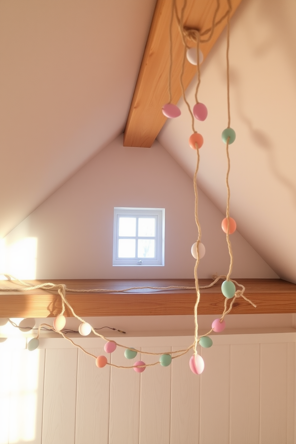 A charming attic space adorned with pastel colored egg garlands draped elegantly across a wooden shelf. Soft, diffused light filters through the small windows, illuminating the cheerful decorations and creating a cozy atmosphere.