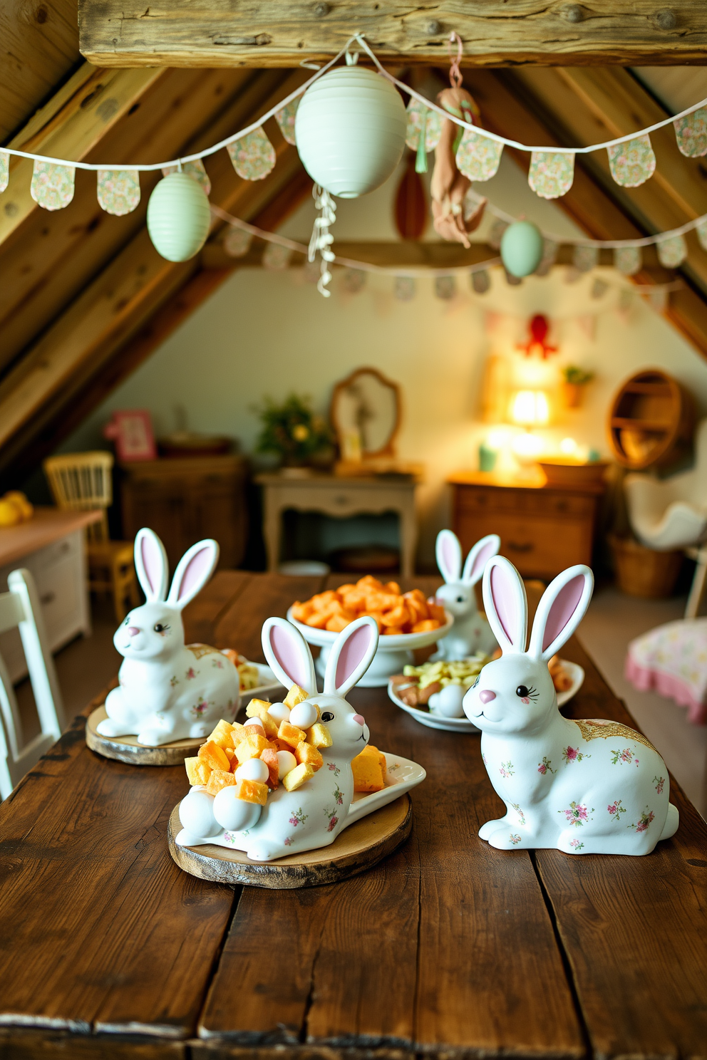 Bunny-shaped serving platters are arranged on a rustic wooden table, showcasing an assortment of colorful snacks. Each platter is adorned with delicate floral patterns, bringing a playful yet elegant touch to the table setting. The attic is transformed into a whimsical Easter wonderland, with pastel-colored decorations hanging from the beams. Soft lighting illuminates the space, highlighting charming vintage accents and creating a cozy atmosphere perfect for celebrating the holiday.