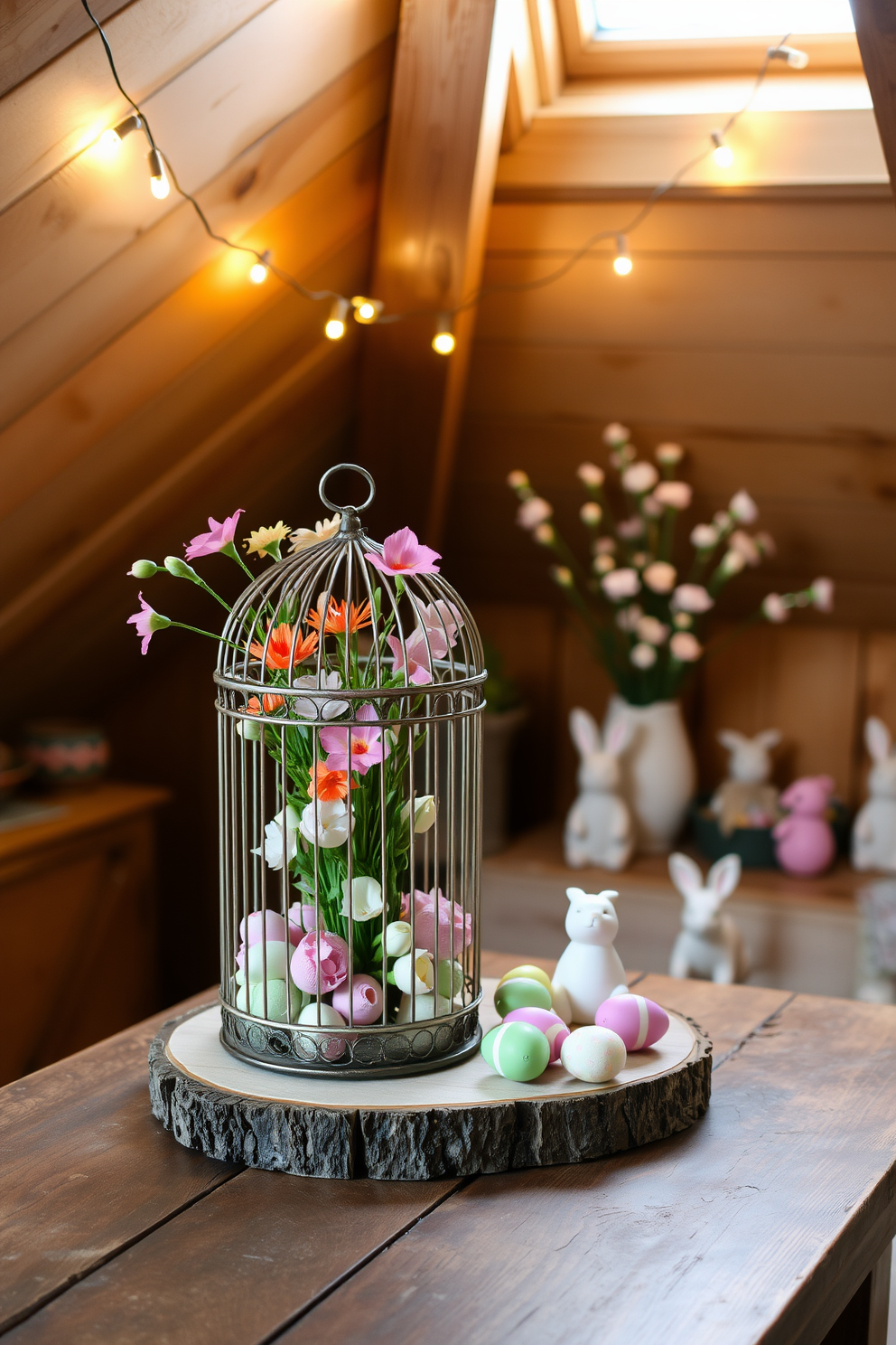 A decorative birdcage filled with vibrant spring flowers sits elegantly on a rustic wooden table. The soft light from a nearby window highlights the delicate petals and creates a warm, inviting atmosphere. For attic Easter decorating ideas, envision a cozy nook adorned with pastel-colored eggs and whimsical bunny figurines. String lights drape across the beams, casting a gentle glow that enhances the festive spirit.