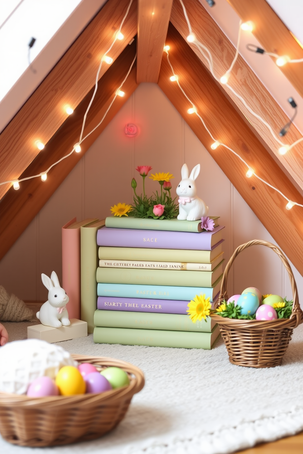 A charming Easter-themed book stack display features a collection of pastel-colored books arranged in a cozy corner. Decorated with small bunny figurines and vibrant spring flowers, the display brings a festive touch to the attic space. For attic Easter decorating ideas, incorporate soft lighting with string lights draped along the beams. Add whimsical elements like handmade garlands and colorful eggs nestled in vintage baskets to enhance the seasonal ambiance.