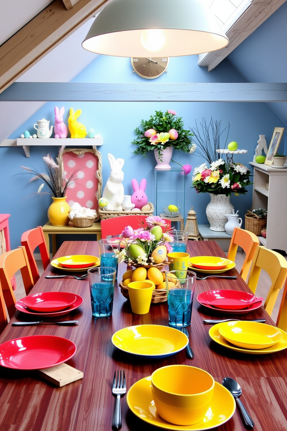 Brightly colored tableware for festive meals. The table is set with vibrant plates, cups, and utensils in shades of red, yellow, and blue, creating a cheerful atmosphere for gatherings. Attic Easter Decorating Ideas. The attic is adorned with pastel-colored decorations, including Easter eggs, bunnies, and floral arrangements, transforming the space into a whimsical holiday retreat.