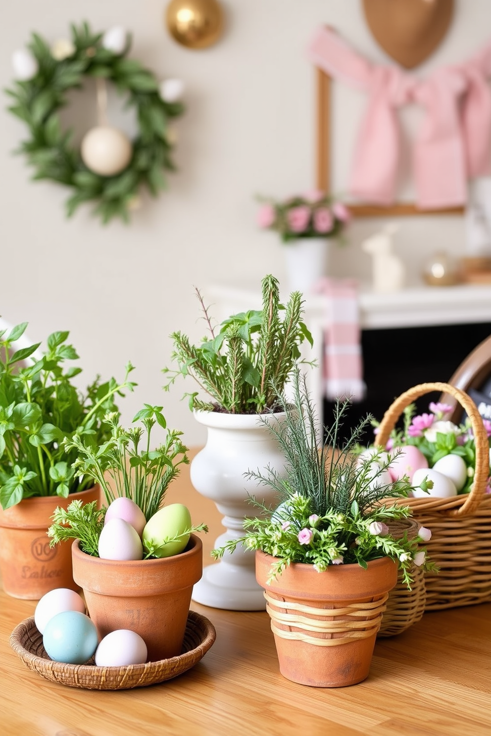 Potted herbs arranged in rustic terracotta pots serve as charming centerpieces for dining tables. Each pot features a variety of herbs like basil, rosemary, and thyme, adding both beauty and a fresh aroma to the dining experience. For attic Easter decorating ideas, the space is transformed with pastel-colored decorations and whimsical ornaments. Vintage baskets filled with faux eggs and spring flowers are placed around the room, creating a cozy and festive atmosphere.