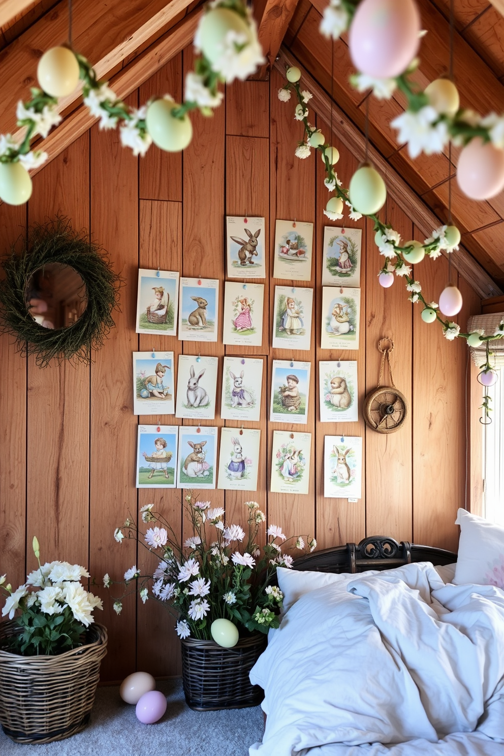 A collection of vintage Easter postcards is elegantly displayed on a rustic wooden wall. Each postcard features charming illustrations and pastel colors, creating a nostalgic and festive atmosphere. The attic is transformed into a cozy Easter haven with soft lighting and whimsical decorations. Delicate garlands of pastel eggs and spring flowers hang from the rafters, enhancing the cheerful ambiance.