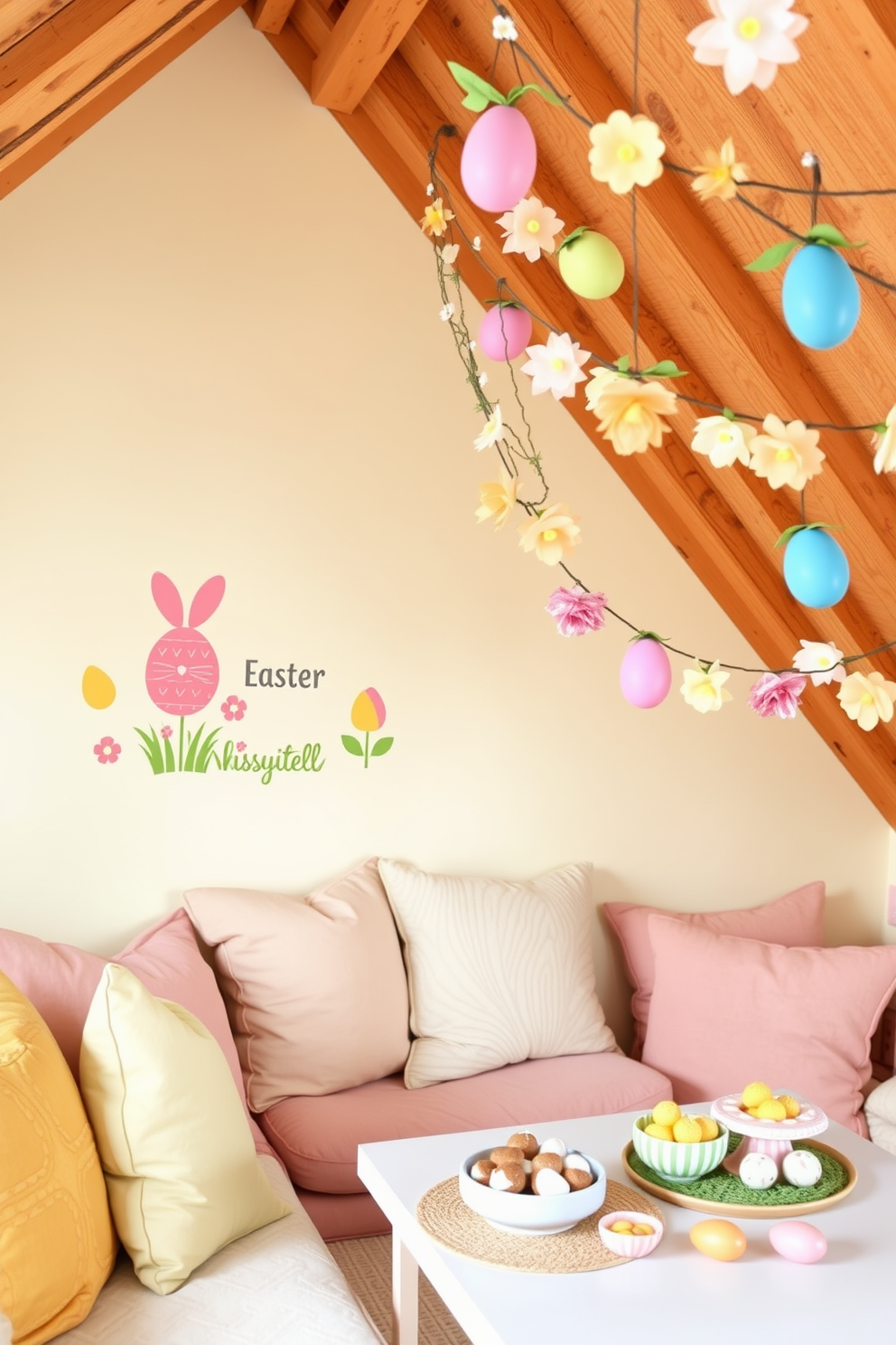 Easter themed wall decals featuring colorful eggs and bunnies are placed playfully on a pastel colored wall. The decals create a cheerful atmosphere perfect for spring celebrations and can be easily removed after the holiday. In the attic, a cozy seating area is adorned with soft throw pillows in pastel hues and a festive table set with Easter treats. Decorative garlands made of paper flowers and eggs hang from the rafters, adding a whimsical touch to the space.