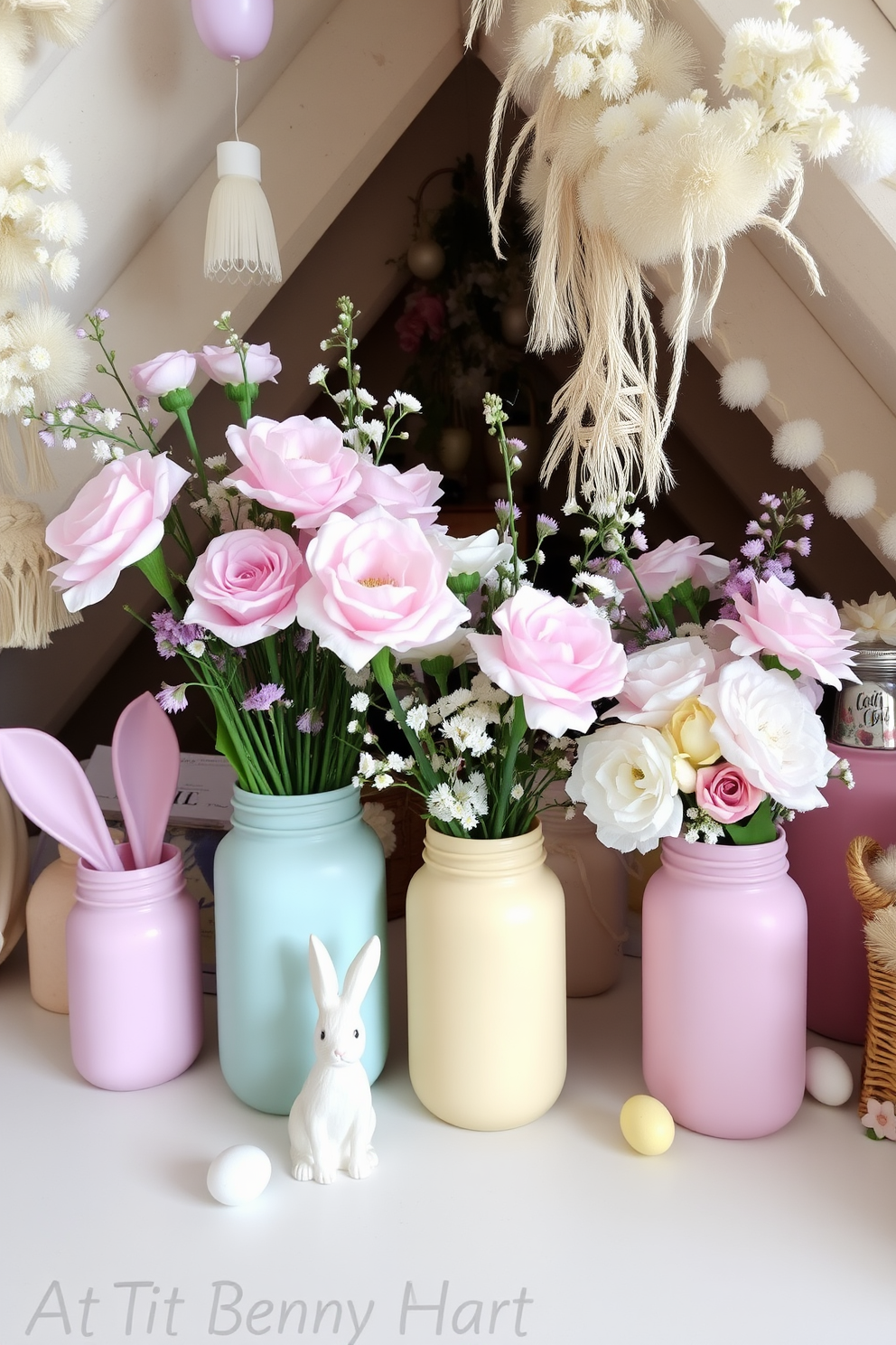 Floral arrangements in pastel colored jars. Each jar features a unique floral design, showcasing soft blooms in shades of pink, lavender, and pale yellow, creating a harmonious and inviting atmosphere. Attic Easter Decorating Ideas. The space is adorned with whimsical decorations including pastel-colored eggs, delicate bunny figurines, and spring-themed garlands, transforming the attic into a festive retreat.