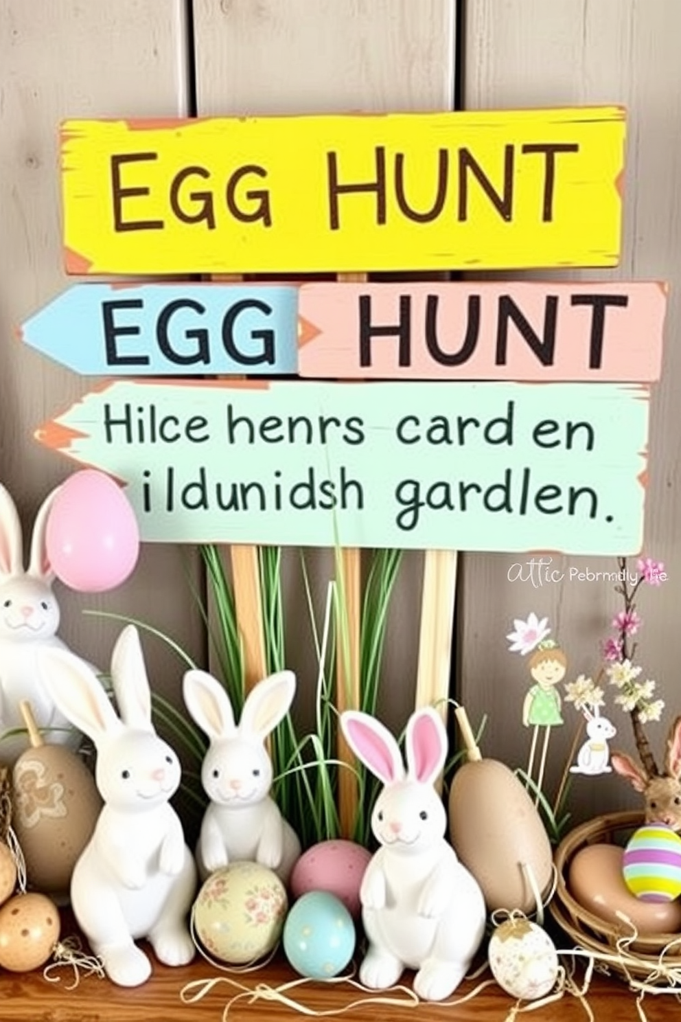 Creative egg hunt signs for the home. Brightly colored wooden signs with playful designs direct children to hidden eggs in the garden. Attic Easter decorating ideas. Vintage pastel decorations are arranged alongside whimsical bunnies and colorful eggs to create a festive atmosphere.