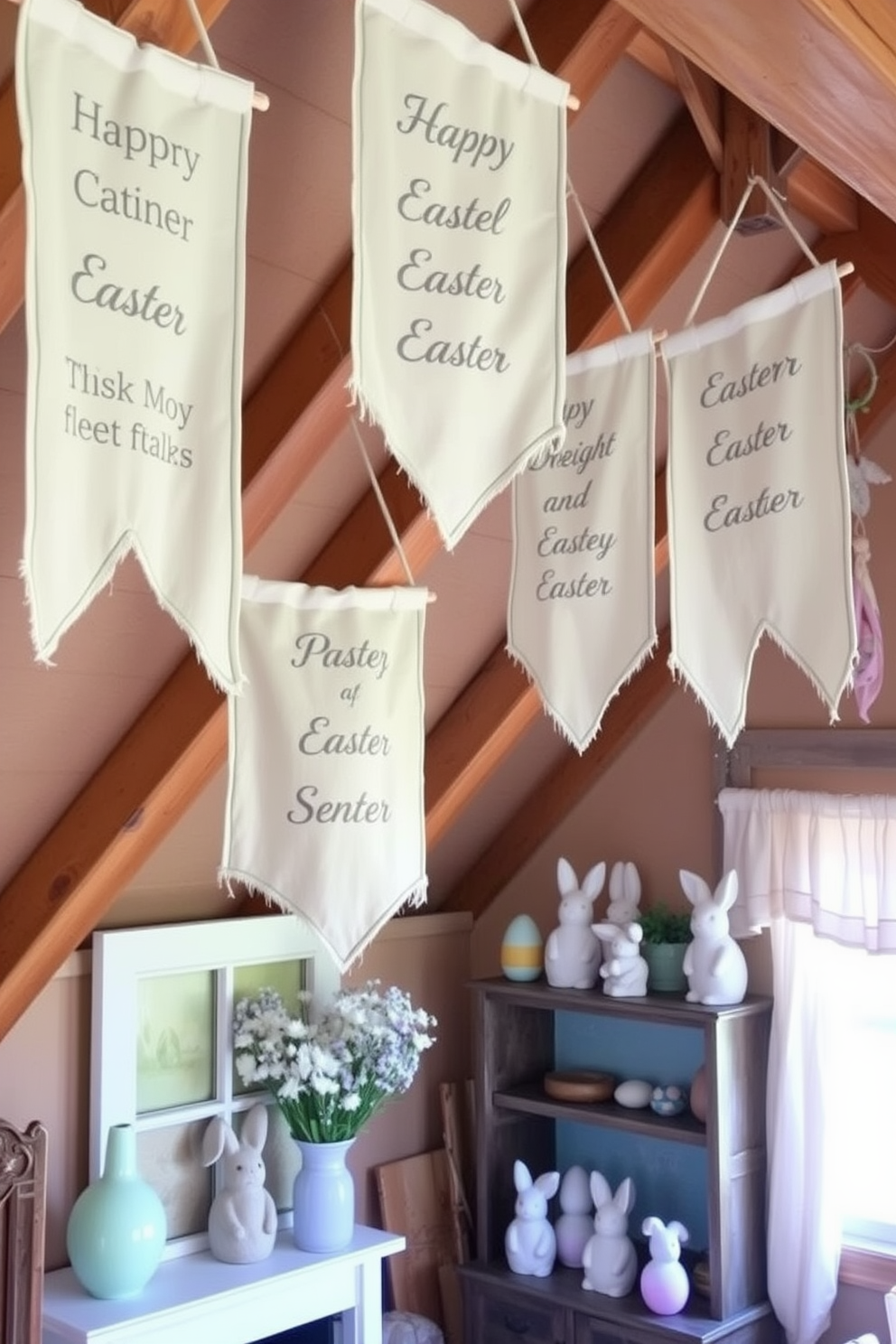 Hanging fabric banners with Easter sayings create a festive atmosphere in any space. The soft colors and playful designs add charm and warmth to your Easter celebration. In the attic, consider using pastel-colored decorations to enhance the cozy vibe. Incorporate vintage Easter items like painted eggs and bunnies for a nostalgic touch.