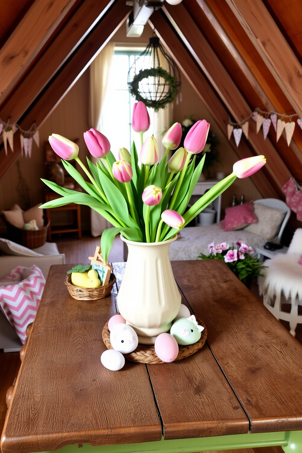 A charming attic space decorated for Easter. Fresh tulips in a ceramic vase serve as the centerpiece on a rustic wooden table surrounded by pastel-colored decorations.