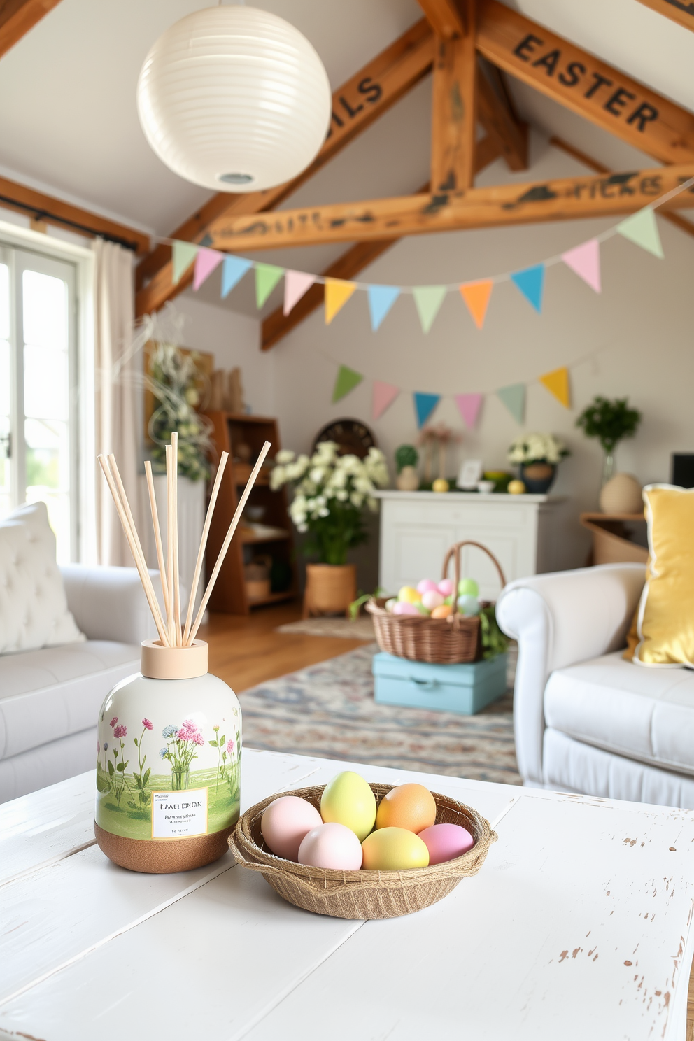 A serene living space filled with seasonal scents. Spring-themed diffusers are placed on a whitewashed wooden coffee table, releasing notes of fresh flowers and citrus. An inviting attic transformed for Easter celebrations. Colorful decorations adorn the space, with pastel eggs nestled in a vintage basket and cheerful bunting hanging from the beams.