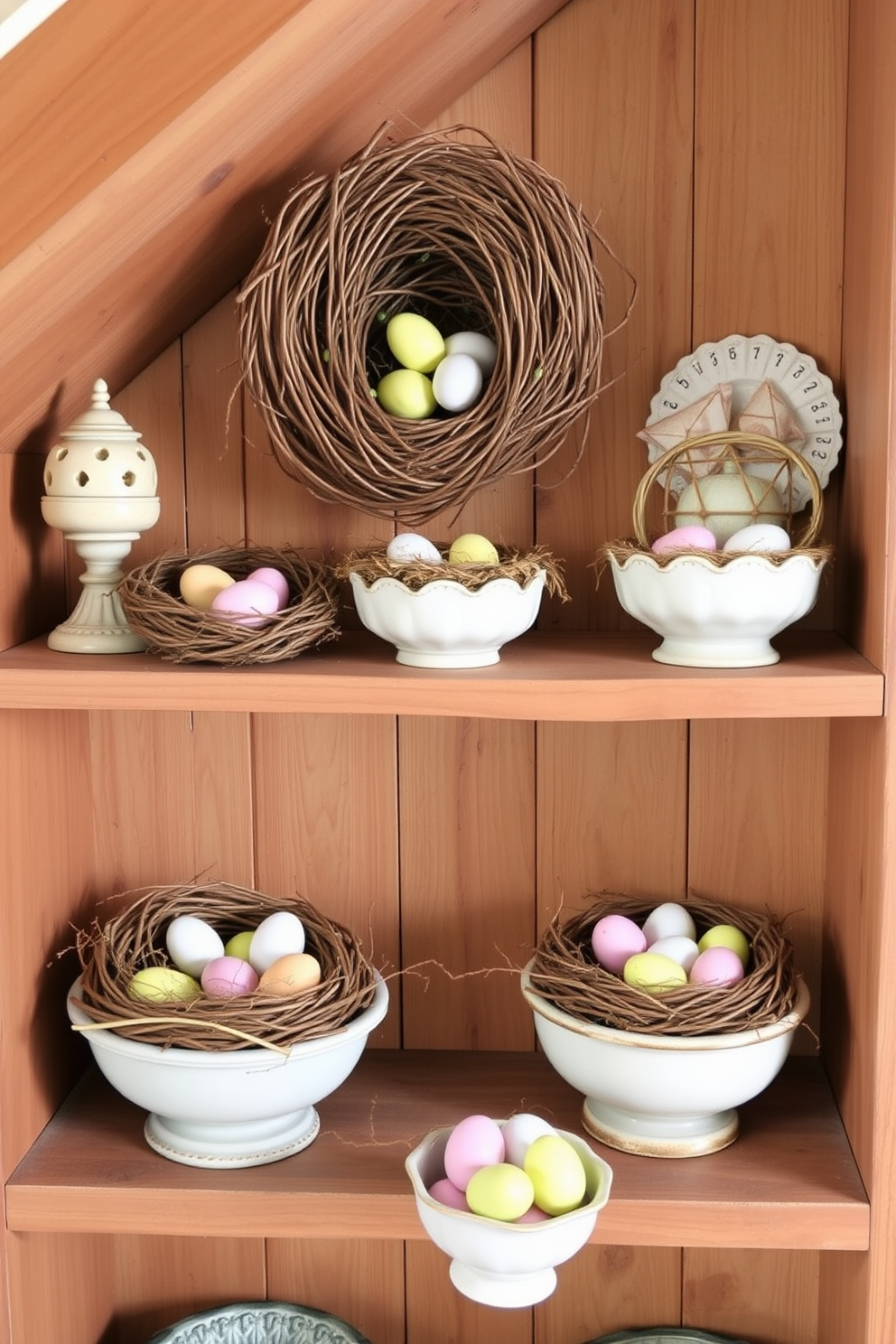 Create a charming attic space decorated for Easter. Arrange decorative nests filled with faux eggs in various bowls placed on rustic wooden shelves.