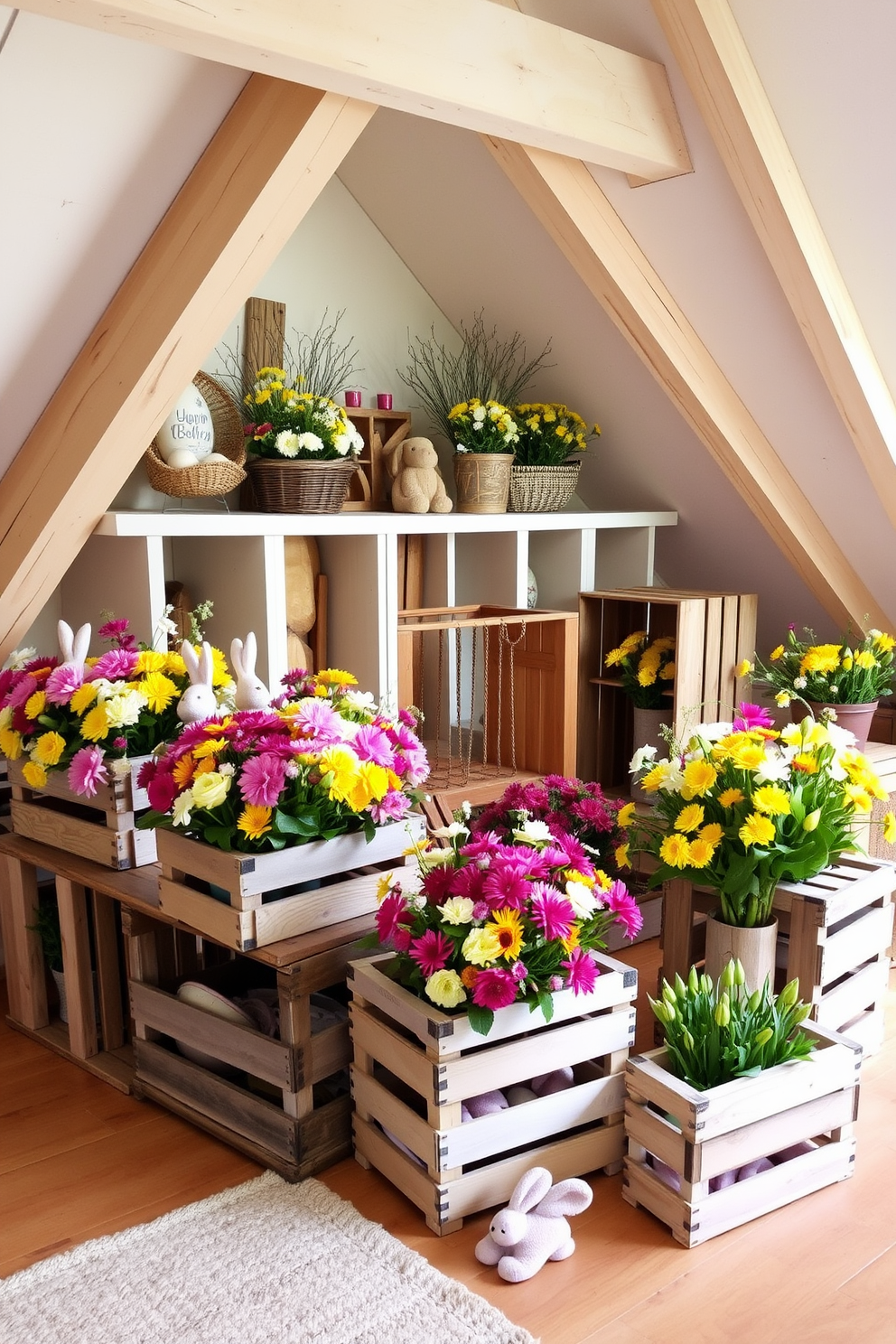 A cozy attic space decorated for Easter features rustic wooden crates overflowing with vibrant spring flowers. The crates are arranged artfully around the room, creating a charming and inviting atmosphere that celebrates the season.