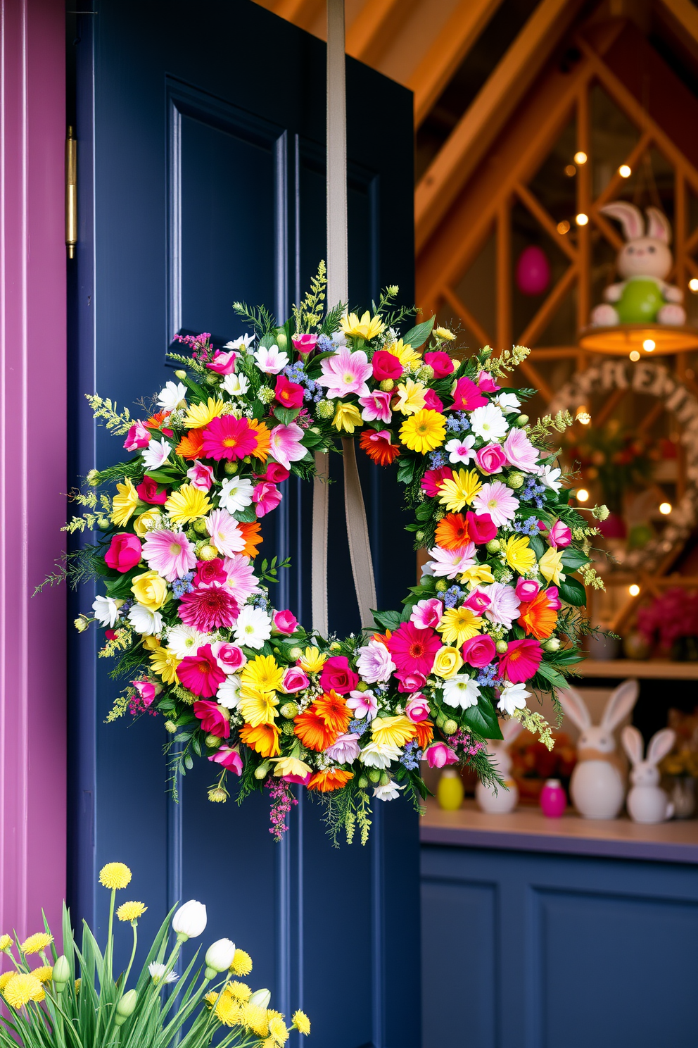 A beautiful floral wreath adorns the front door, bursting with vibrant colors and a mix of seasonal blooms. The wreath is crafted from fresh flowers and greenery, creating a welcoming entrance that captures the essence of spring. In the attic, charming Easter decorations bring a festive touch, featuring pastel-colored eggs and playful bunnies. Soft lighting illuminates the space, enhancing the cozy atmosphere and inviting guests to explore the seasonal delights.