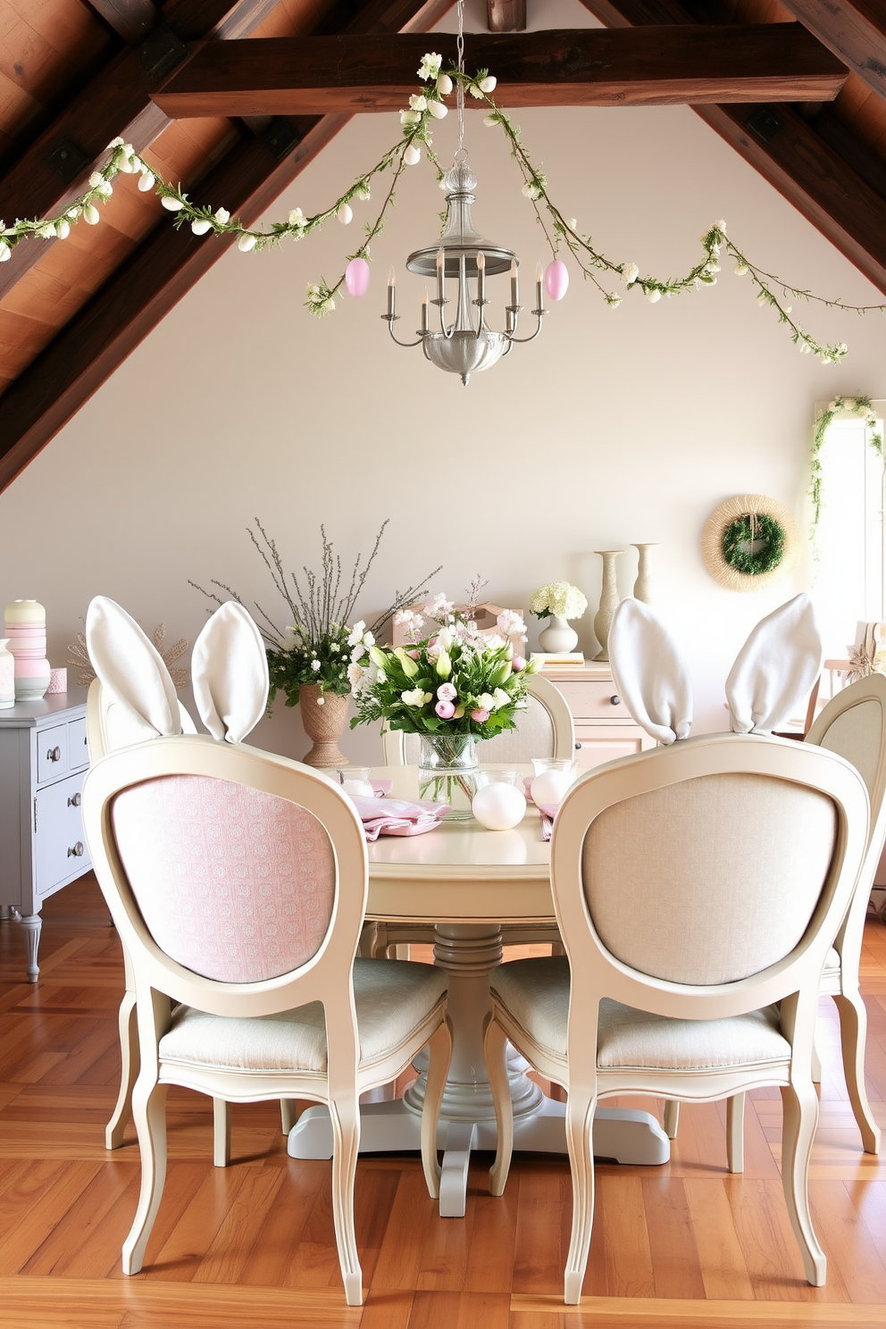 Charming bunny ears are playfully attached to the backs of elegant dining chairs, adding a whimsical touch to the dining area. The soft pastel colors of the fabric create a warm and inviting atmosphere, perfect for an Easter gathering. In the attic, festive decorations enhance the cozy space with a blend of vintage and modern elements. Delicate garlands of flowers and Easter eggs drape across the beams, creating a cheerful ambiance for holiday celebrations.