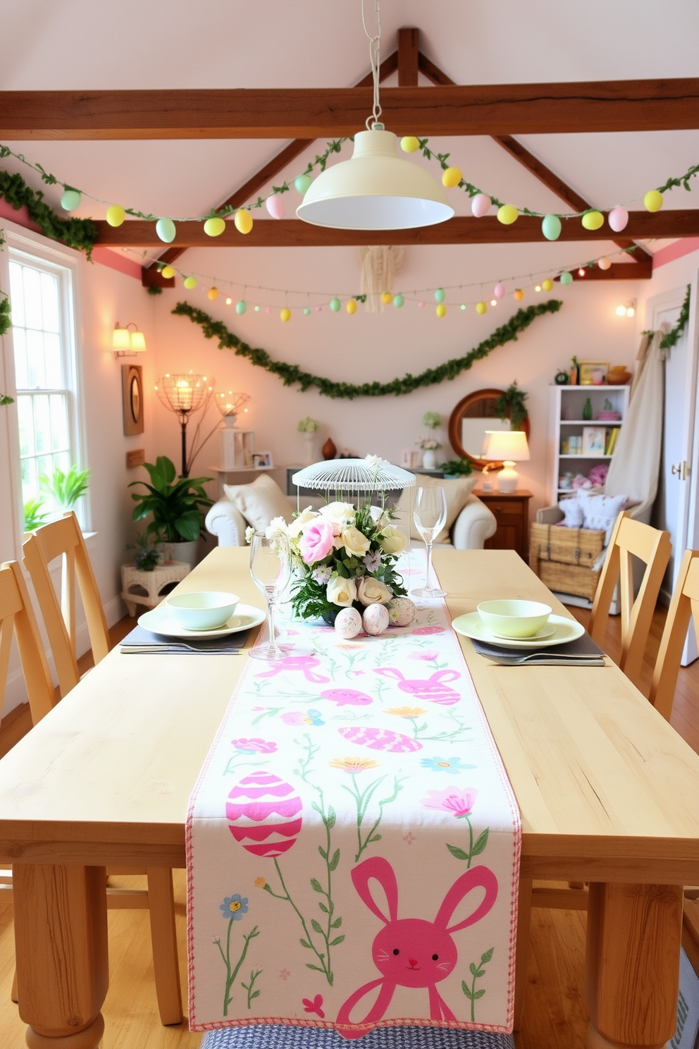 A beautifully set table features a vibrant table runner adorned with whimsical Easter motifs and patterns. The runner is complemented by pastel-colored dishes and delicate floral arrangements, creating a festive atmosphere. The attic is transformed into a charming Easter haven filled with playful decorations and cozy seating. Soft lighting illuminates the space, highlighting colorful garlands and handcrafted Easter eggs displayed throughout.