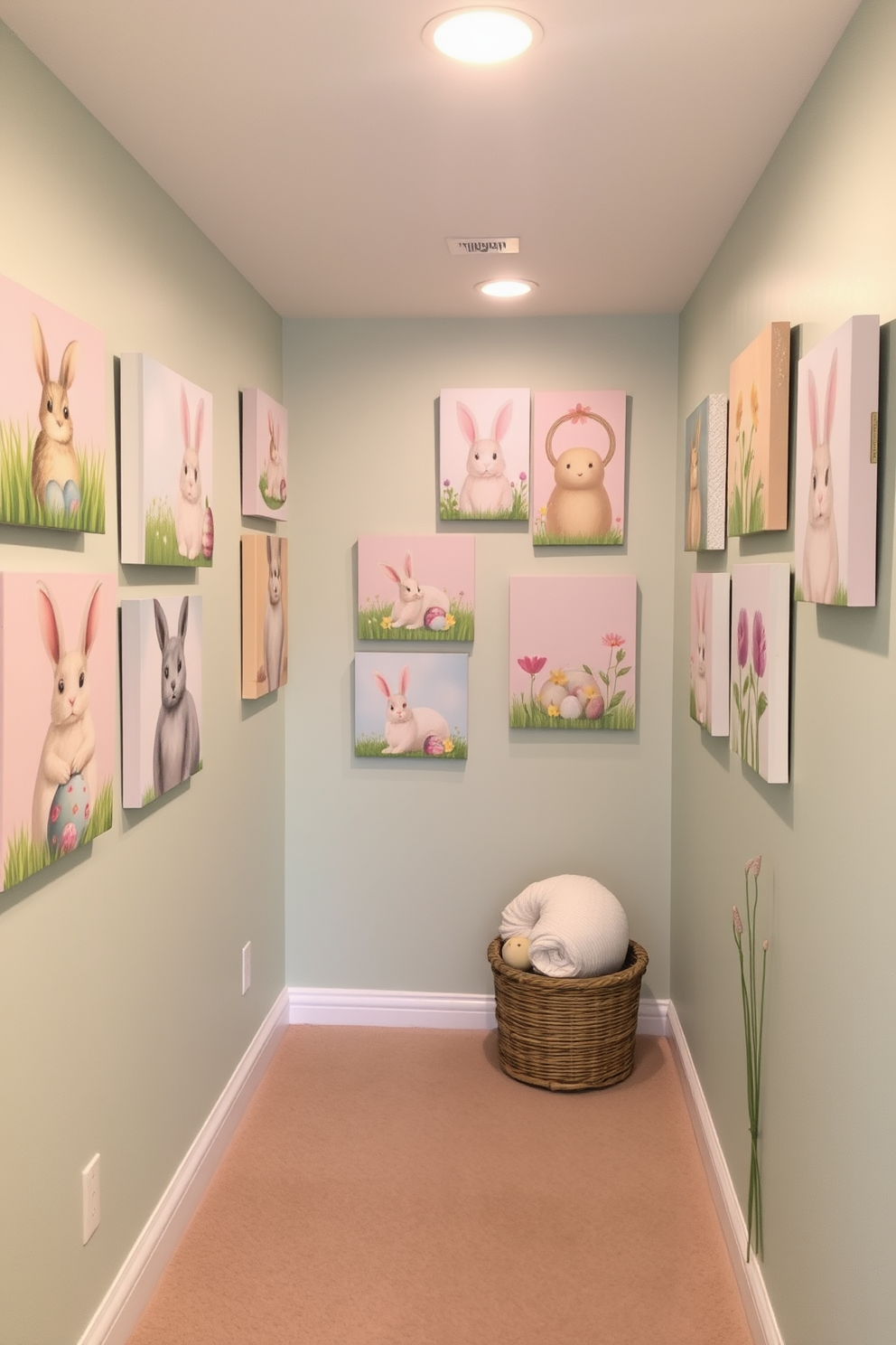 A charming basement space adorned with Easter themed wall art. The walls feature a collection of pastel-colored canvases depicting bunnies, decorated eggs, and spring flowers, creating a festive atmosphere.