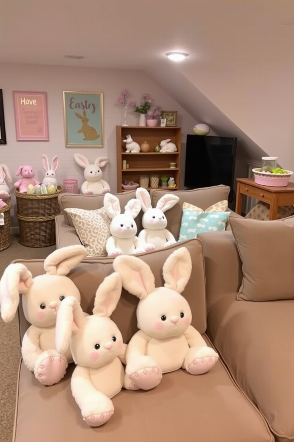 Soft bunny plush toys arranged for comfortable seating in a cozy basement space. The decor features pastel colors and playful Easter elements, creating a whimsical atmosphere perfect for family gatherings.