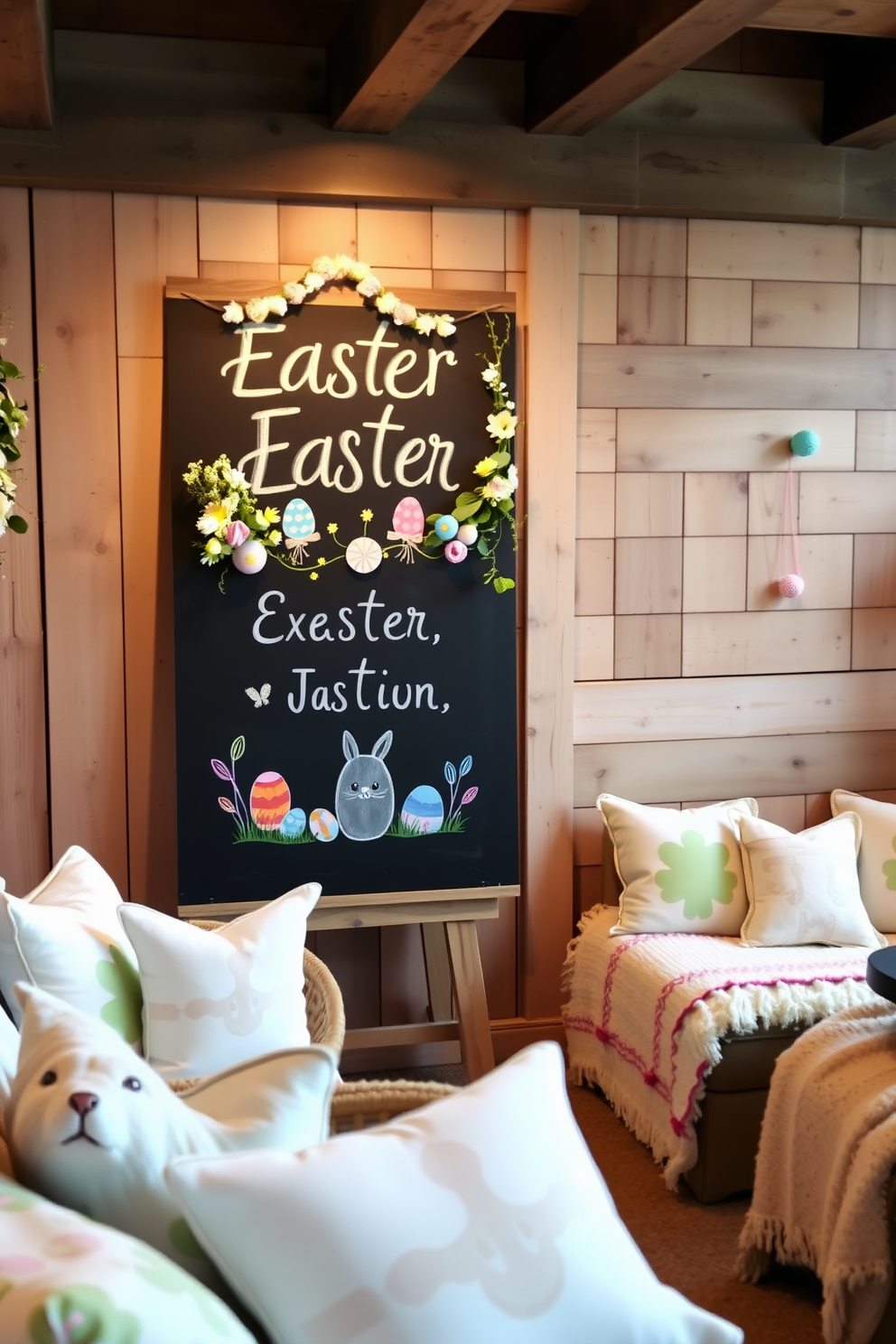 A charming Easter themed chalkboard sign display is set against a rustic wooden wall. The sign features colorful hand-drawn illustrations of eggs and bunnies, surrounded by fresh spring flowers and pastel-colored decorations. In the basement, cozy seating areas are adorned with Easter-themed cushions and throws. Soft lighting creates a warm atmosphere, enhancing the festive decorations scattered throughout the space.