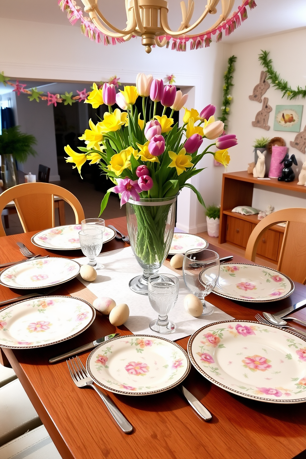 A beautifully arranged Easter themed table setting features pastel colored plates adorned with floral patterns. The table is decorated with a vibrant centerpiece of fresh tulips and daffodils in an elegant vase, complemented by decorative Easter eggs scattered around. In the basement, whimsical Easter decorations create a festive atmosphere. Soft lighting illuminates the space, highlighting a charming display of bunnies and colorful garlands hanging from the ceiling.