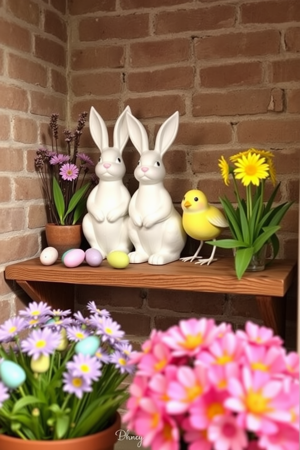 A charming basement space adorned with decorative bunny and chick sculptures. The sculptures are placed on a rustic wooden shelf, surrounded by pastel-colored Easter eggs and spring flowers in vibrant pots.