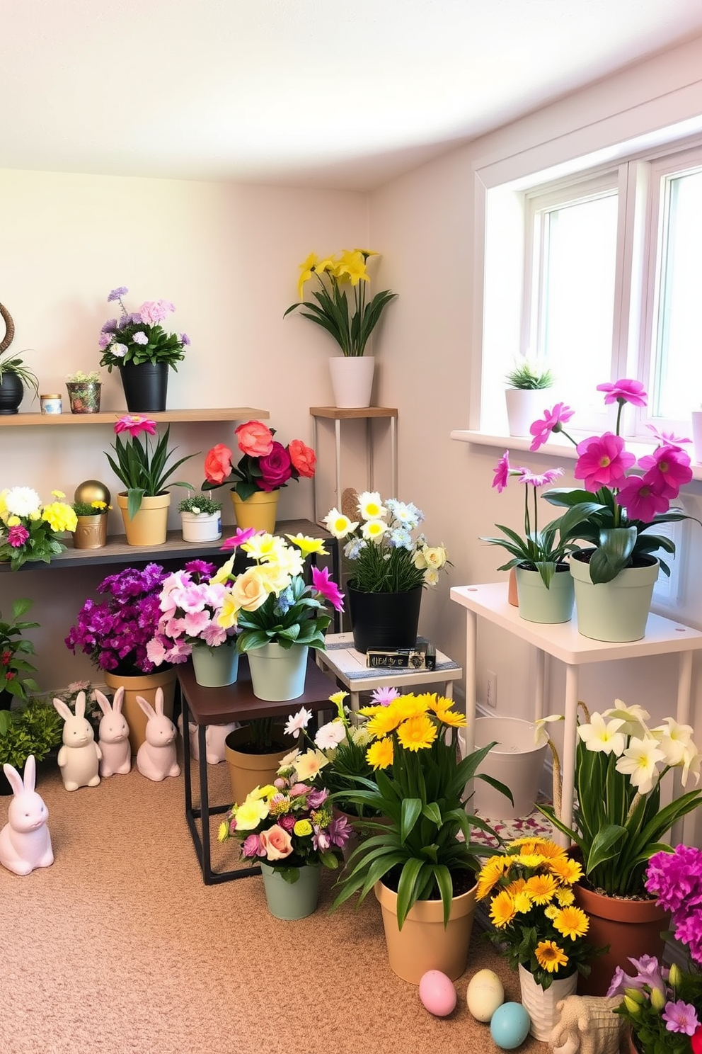 A cozy basement space adorned with potted spring flowers in various sizes and colors. The flowers are strategically placed on shelves, tables, and window sills, bringing a vibrant and cheerful atmosphere to the room. Soft pastel decorations are scattered throughout the basement, featuring Easter-themed accents like bunnies and eggs. The walls are painted in a light neutral tone, creating a fresh backdrop that complements the lively floral arrangements.