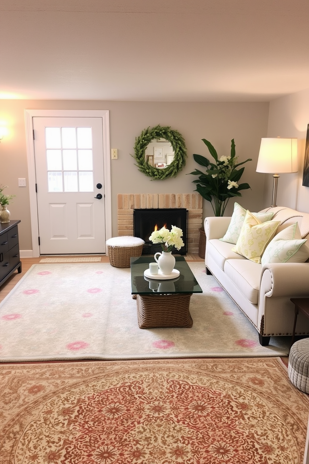 Create a cozy basement setting decorated for Easter with layered rugs in soft spring colors. The rugs feature floral patterns and pastel hues, creating a warm and inviting atmosphere perfect for family gatherings.