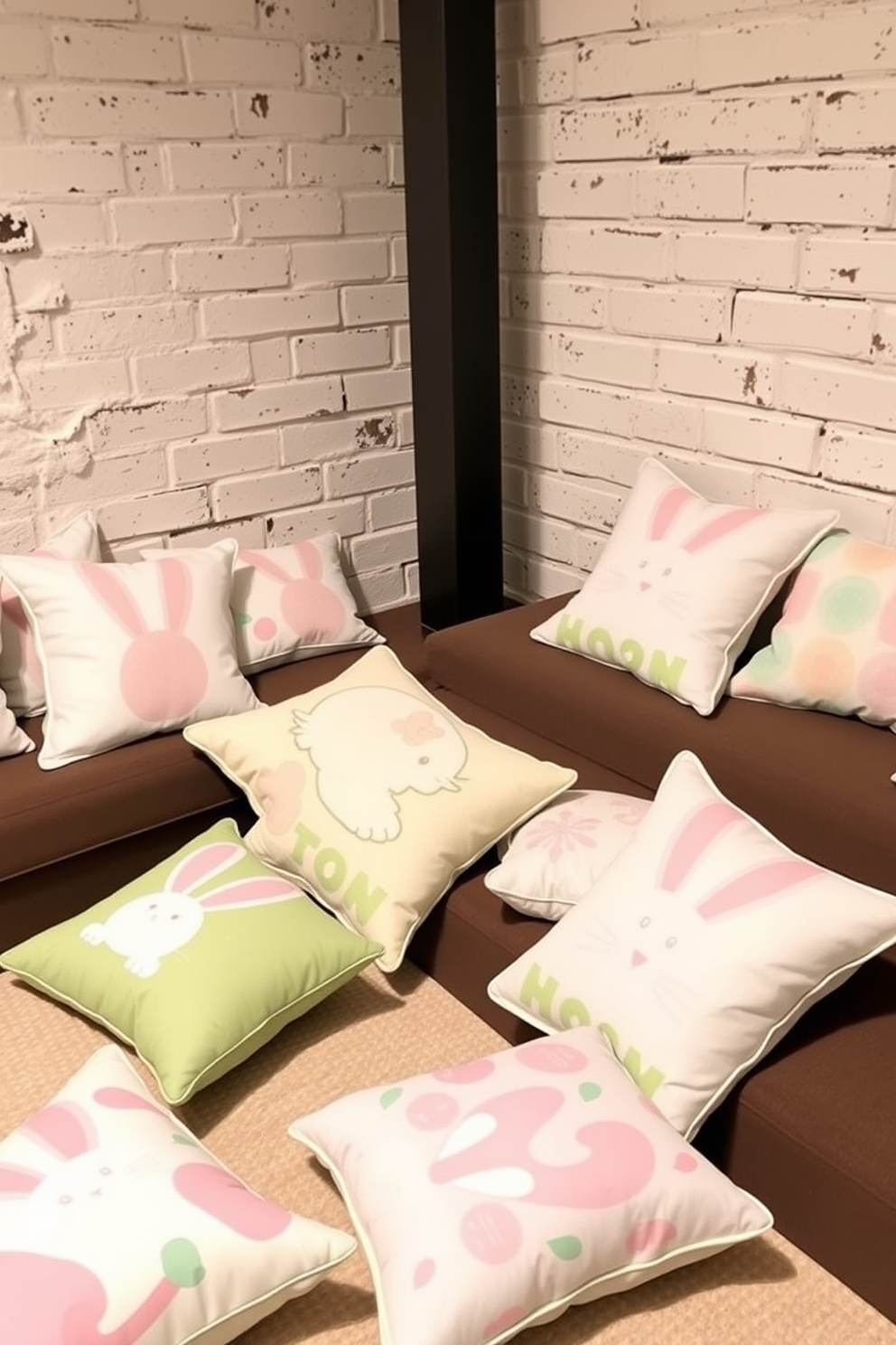 Easter themed cushions are scattered on the floor seating, creating a cozy and festive atmosphere. The cushions feature pastel colors and playful patterns, enhancing the cheerful vibe of the basement space.