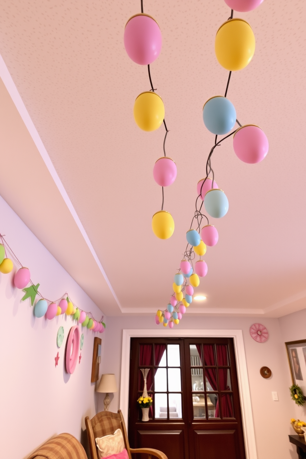 A colorful Easter egg garland hangs cheerfully across the ceiling of a cozy basement. The walls are adorned with pastel-colored decorations, creating a festive and inviting atmosphere for family gatherings.