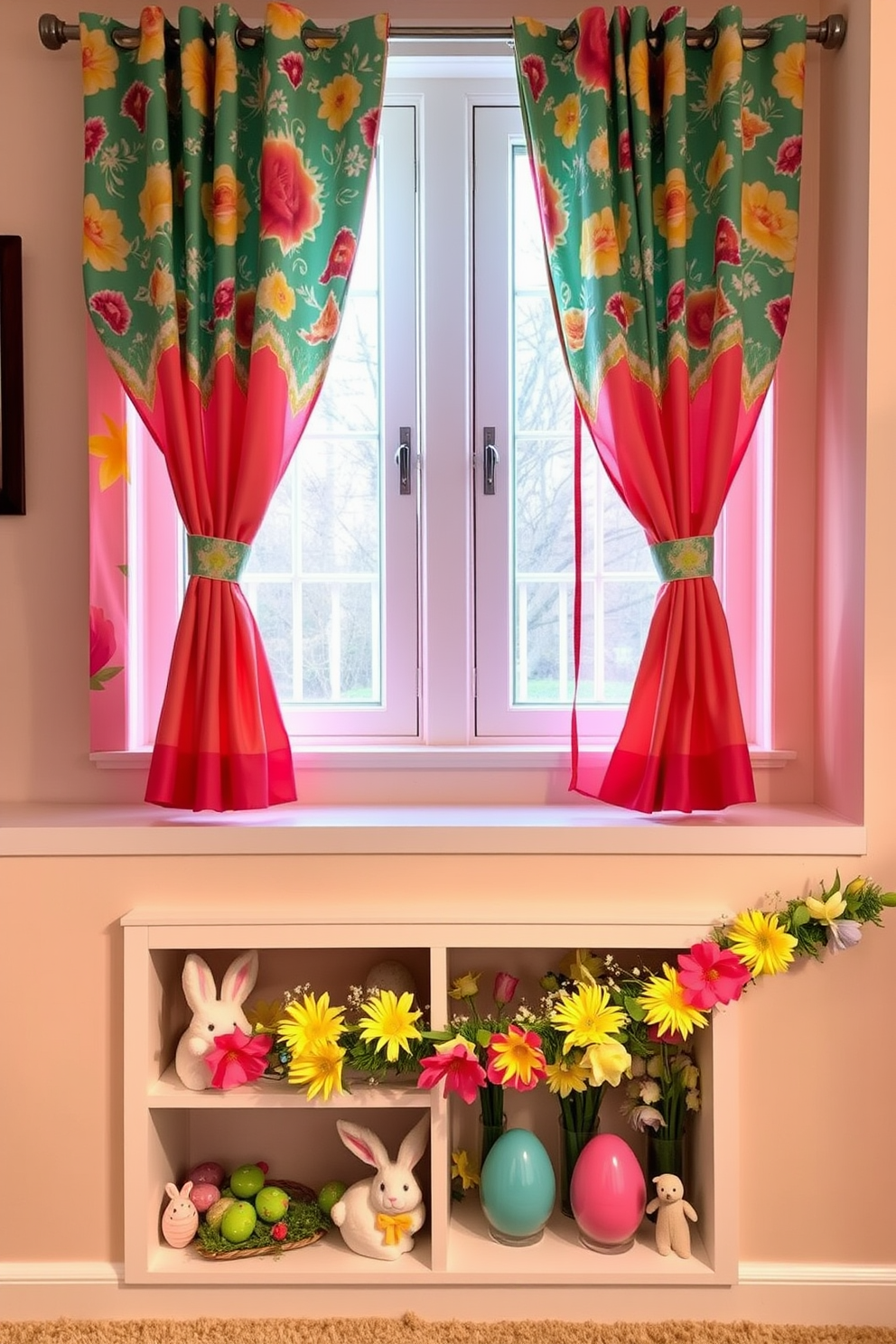 Brightly colored curtains frame the windows, adding a vibrant touch to the space. The fabric features a playful pattern of flowers and geometric shapes, enhancing the cheerful atmosphere. In the basement, Easter decorations bring a festive spirit to the surroundings. A collection of pastel-colored eggs and whimsical bunnies are arranged on shelves, while a cheerful garland of spring flowers adorns the walls.