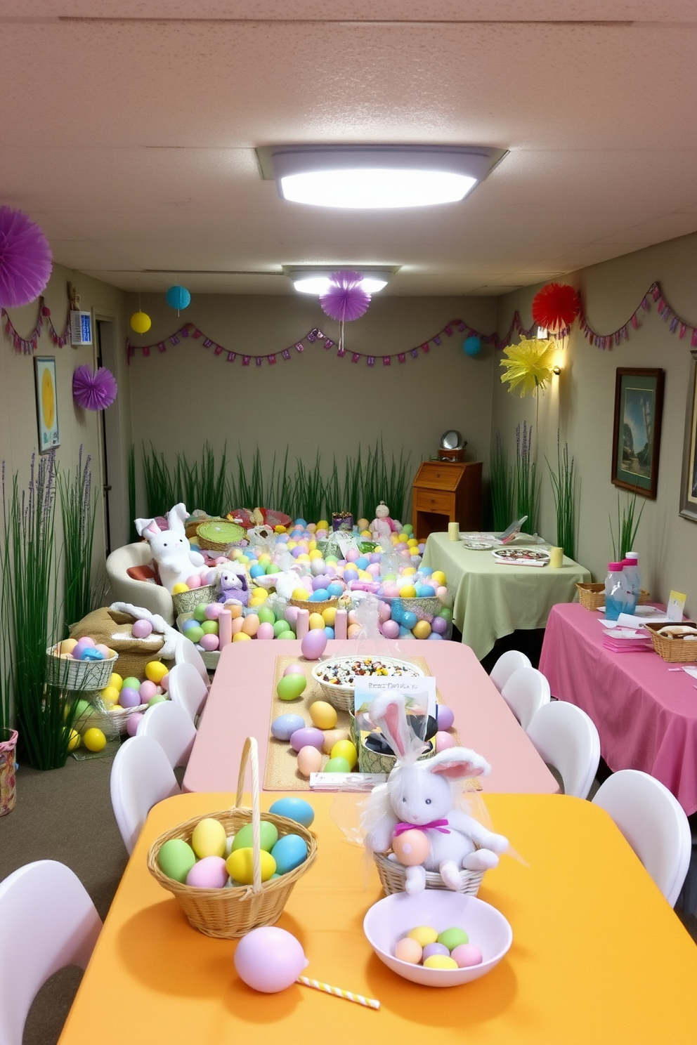 A whimsical Easter egg hunt area in the basement. Colorful decorations adorn the walls, and a variety of pastel-colored eggs are hidden among plush toys and decorative baskets. Brightly colored tablecloths cover tables filled with festive treats and activities for children. Soft lighting creates a cheerful atmosphere, enhancing the playful spirit of the Easter celebration.