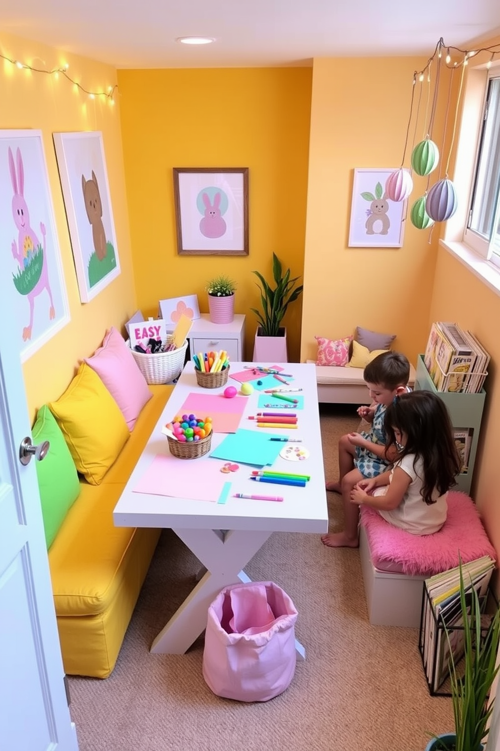 A vibrant DIY Easter crafts corner for kids. The space features a large table covered in colorful paper, with baskets of craft supplies like markers, stickers, and glue scattered around. Brightly painted walls adorned with Easter-themed artwork create a cheerful atmosphere. Plush seating in pastel colors invites children to sit and enjoy creating their festive decorations. For basement Easter decorating ideas, the area is transformed with string lights and hanging paper eggs. A cozy reading nook with Easter-themed books adds an inviting touch for kids to relax after crafting.