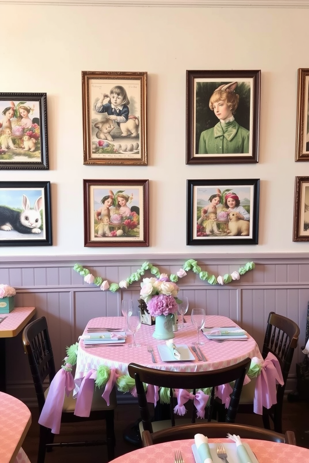 Vintage Easter postcards framed on the walls create a charming and nostalgic atmosphere. The basement is adorned with pastel-colored decorations, including garlands and themed table settings that evoke the spirit of the holiday.