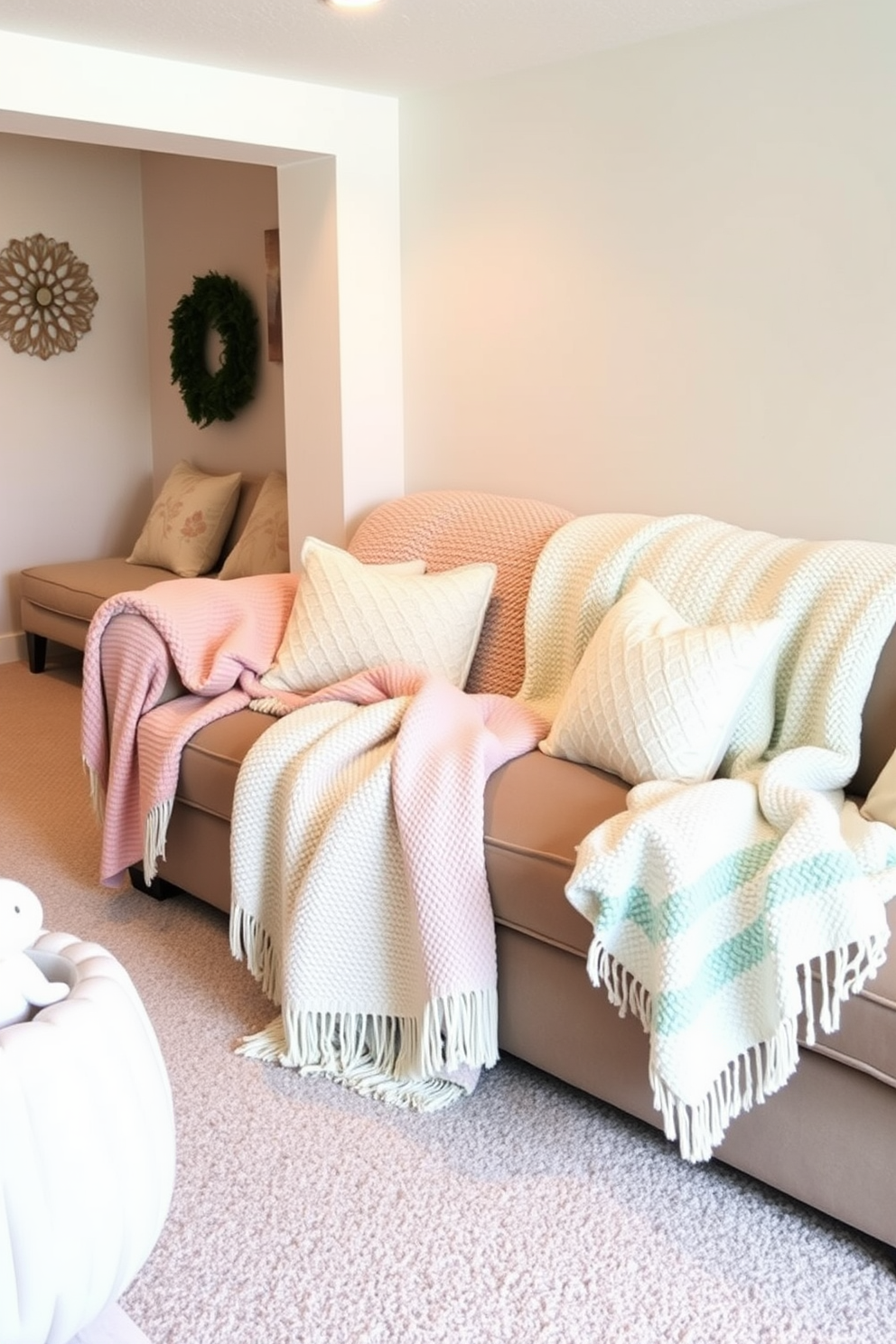 A cozy basement space adorned with seasonal throw blankets in soft pastel shades. The blankets are elegantly draped over a plush sectional sofa, creating a warm and inviting atmosphere for Easter celebrations.