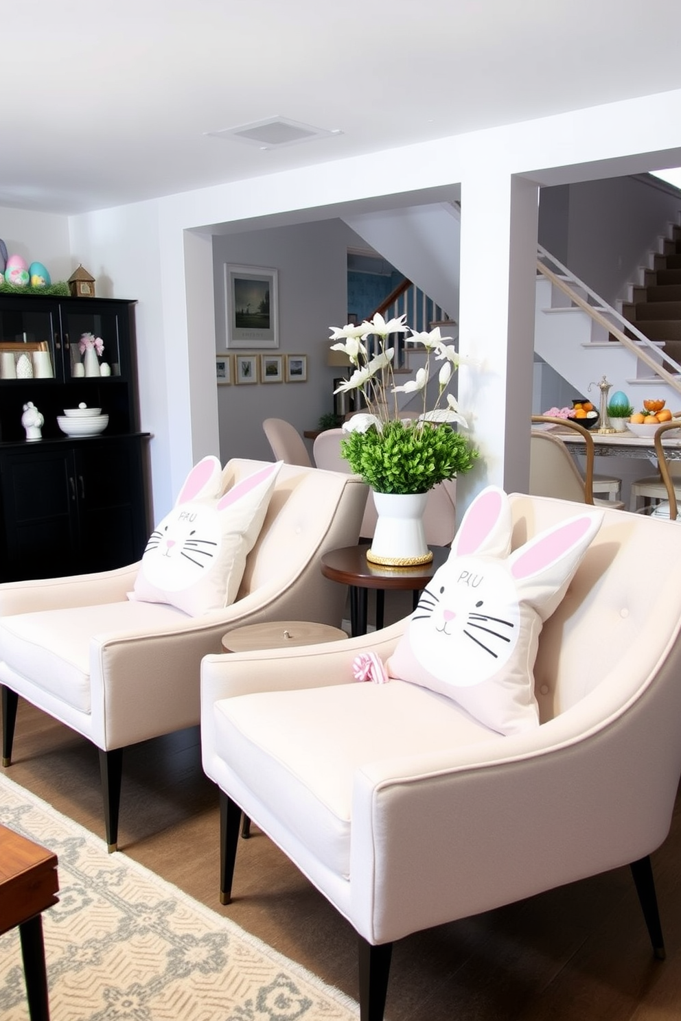 Bunny shaped pillows are playfully arranged on a pair of stylish chairs, adding a whimsical touch to the space. The basement is transformed into a festive Easter haven with pastel decorations and cheerful accents.