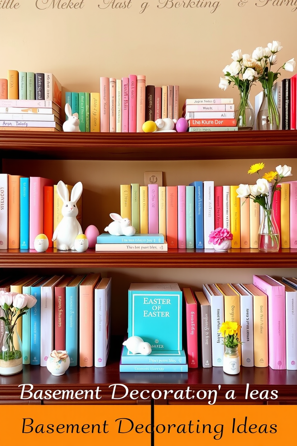 A charming Easter themed book display on shelves showcases a collection of colorful books with pastel covers. Nestled among the books are decorative bunnies and eggs, creating a festive and inviting atmosphere. The shelves are adorned with spring flowers in small vases, adding a touch of freshness to the display. Soft, warm lighting illuminates the scene, enhancing the cheerful ambiance of the basement Easter decorating ideas.