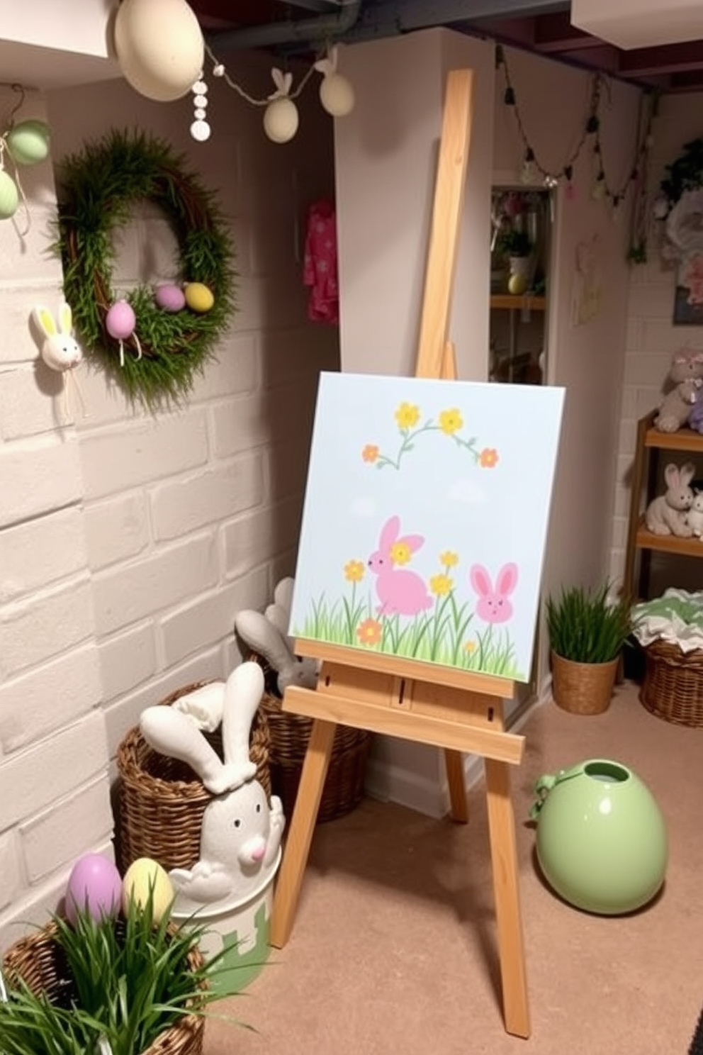 Spring themed artwork on a display easel is showcased in a cozy basement setting. The walls are adorned with pastel colors and playful Easter decorations, creating a festive atmosphere.