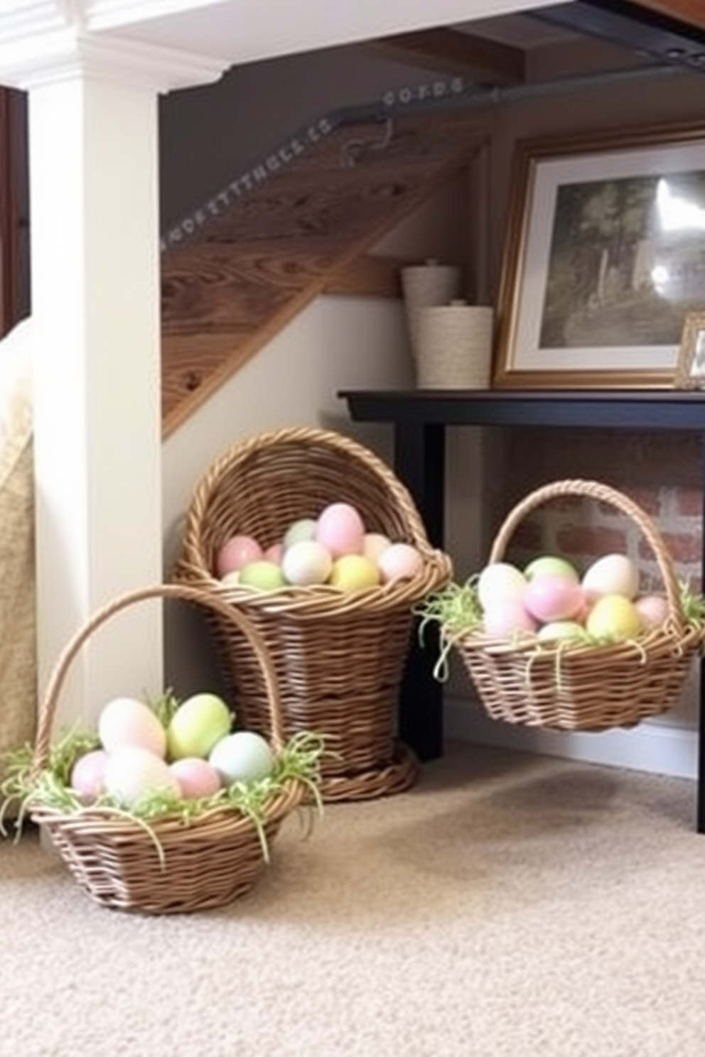 Create a cozy basement space decorated for Easter. Incorporate decorative baskets filled with faux eggs in various pastel colors, placed strategically around the room to enhance the festive atmosphere.